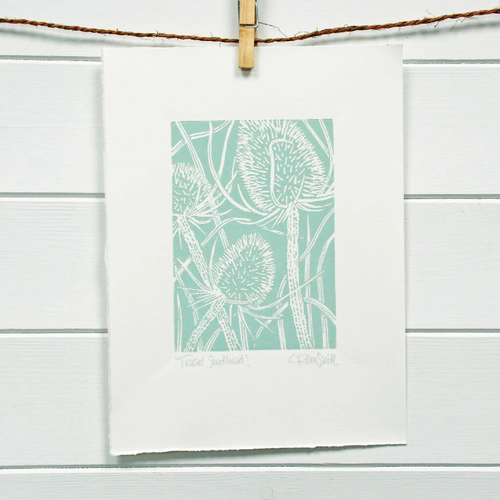Teasel Seedhead in Teal Blue - Open Ended Edition - Original Linocut Print - Image 4