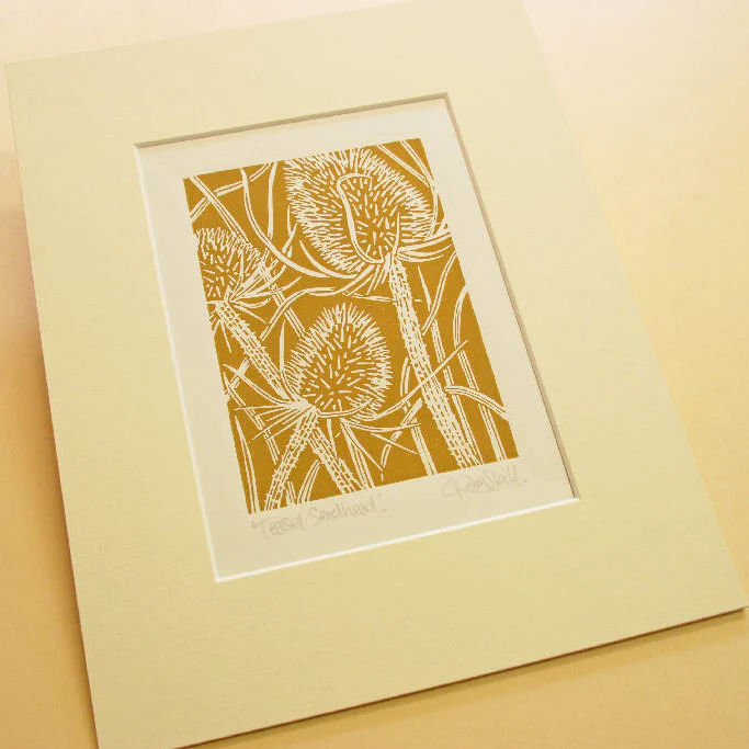 Teasel Seedhead in Teal Blue - Open Ended Edition - Original Linocut Print - Image 5