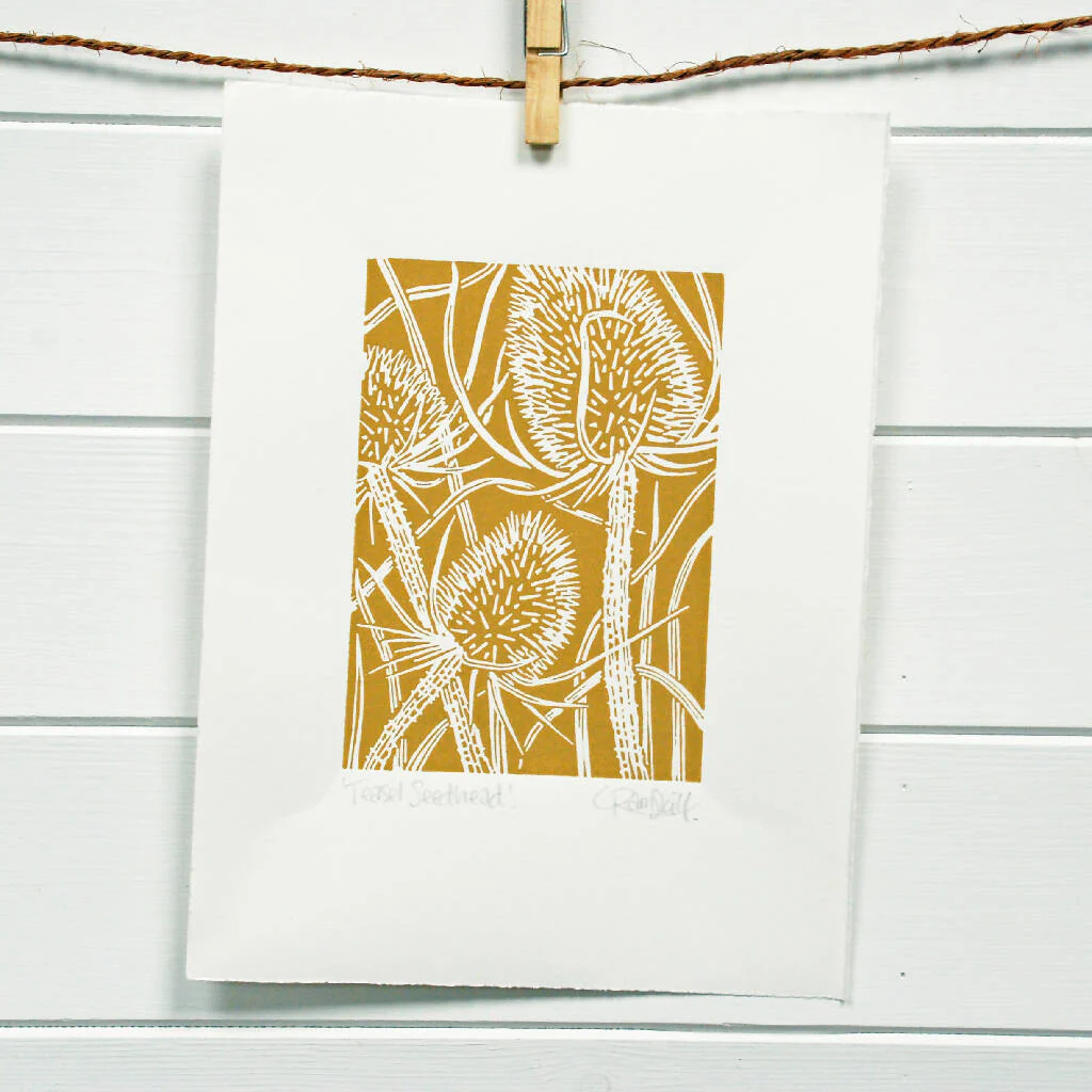 Teasel Seedhead in Teal Blue - Open Ended Edition - Original Linocut Print - Image 6
