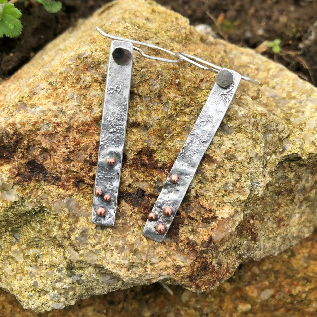 Textured Sterling Silver and Copper Drop Earrings - Image 2