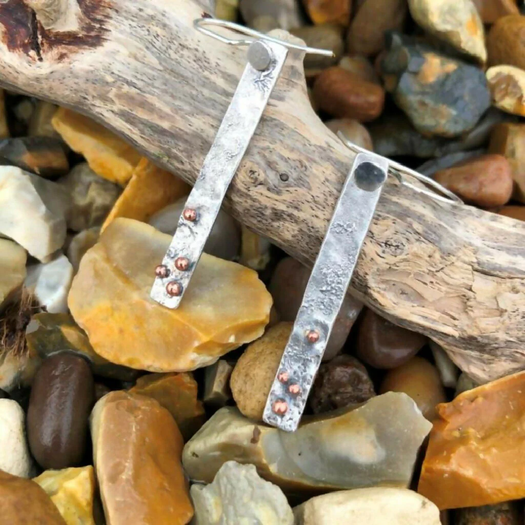 Textured Sterling Silver and Copper Drop Earrings - Image 3