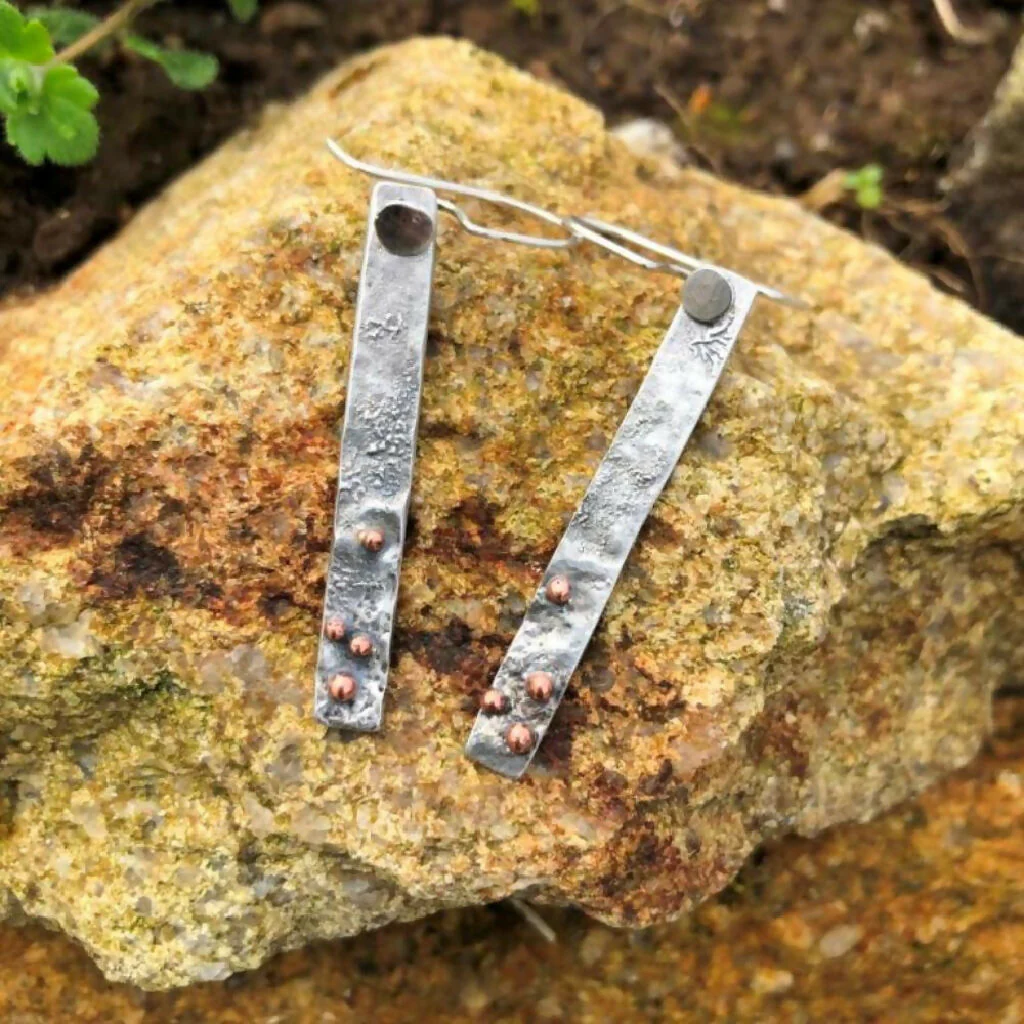 Textured Sterling Silver and Copper Drop Earrings - Image 4