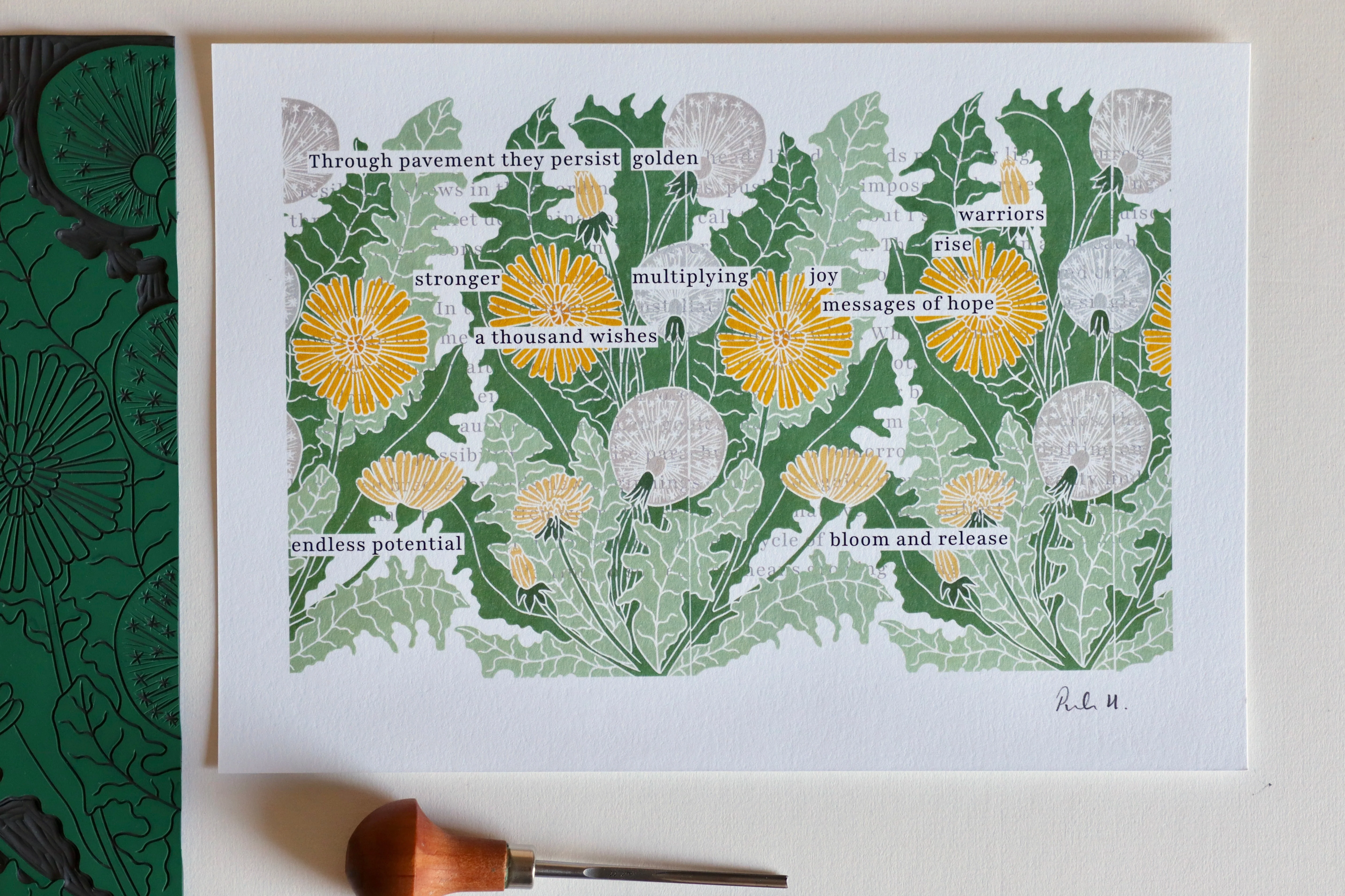 The Resilient Dandelion - Linocut Blackout Poetry Art | A5 or A4 Print on Cotton Paper - Image 3