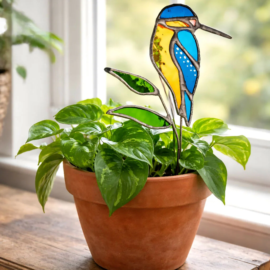 The Riverlight Kingfisher – Glass‑Winged Bird Resting on a Leafed Stem
