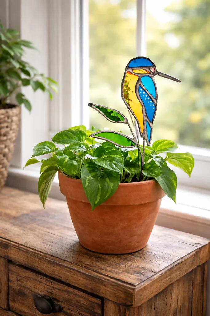 The Riverlight Kingfisher – Glass‑Winged Bird Resting on a Leafed Stem - Image 3