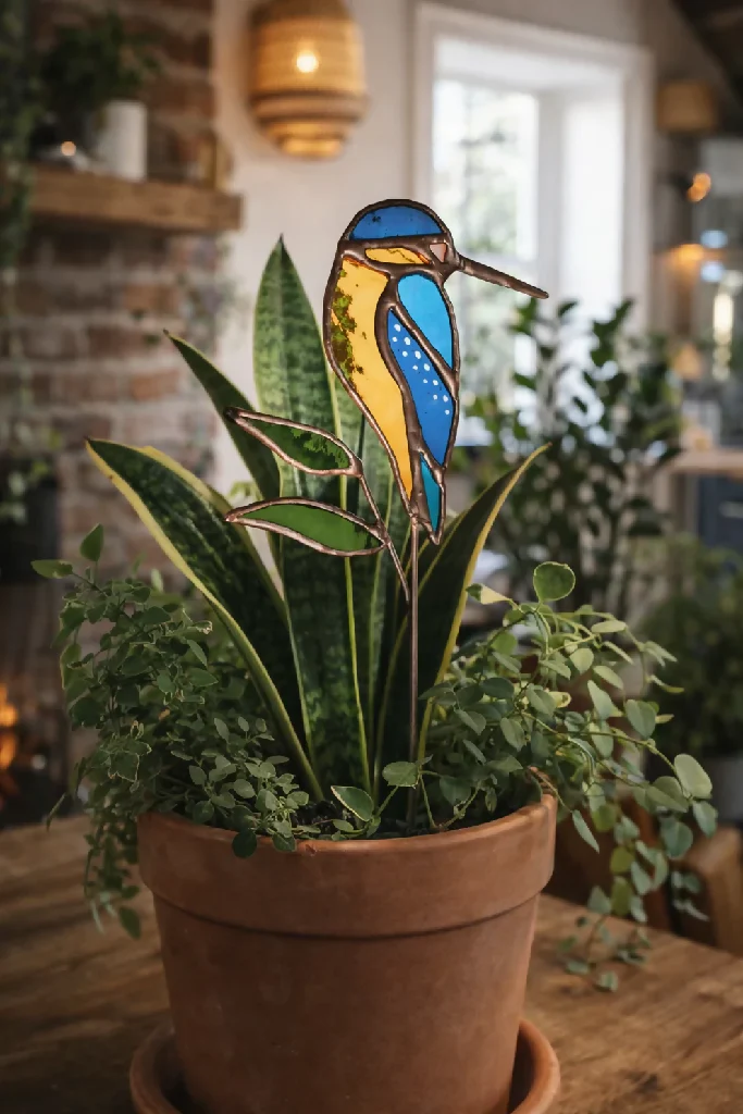 The Riverlight Kingfisher – Glass‑Winged Bird Resting on a Leafed Stem - Image 4