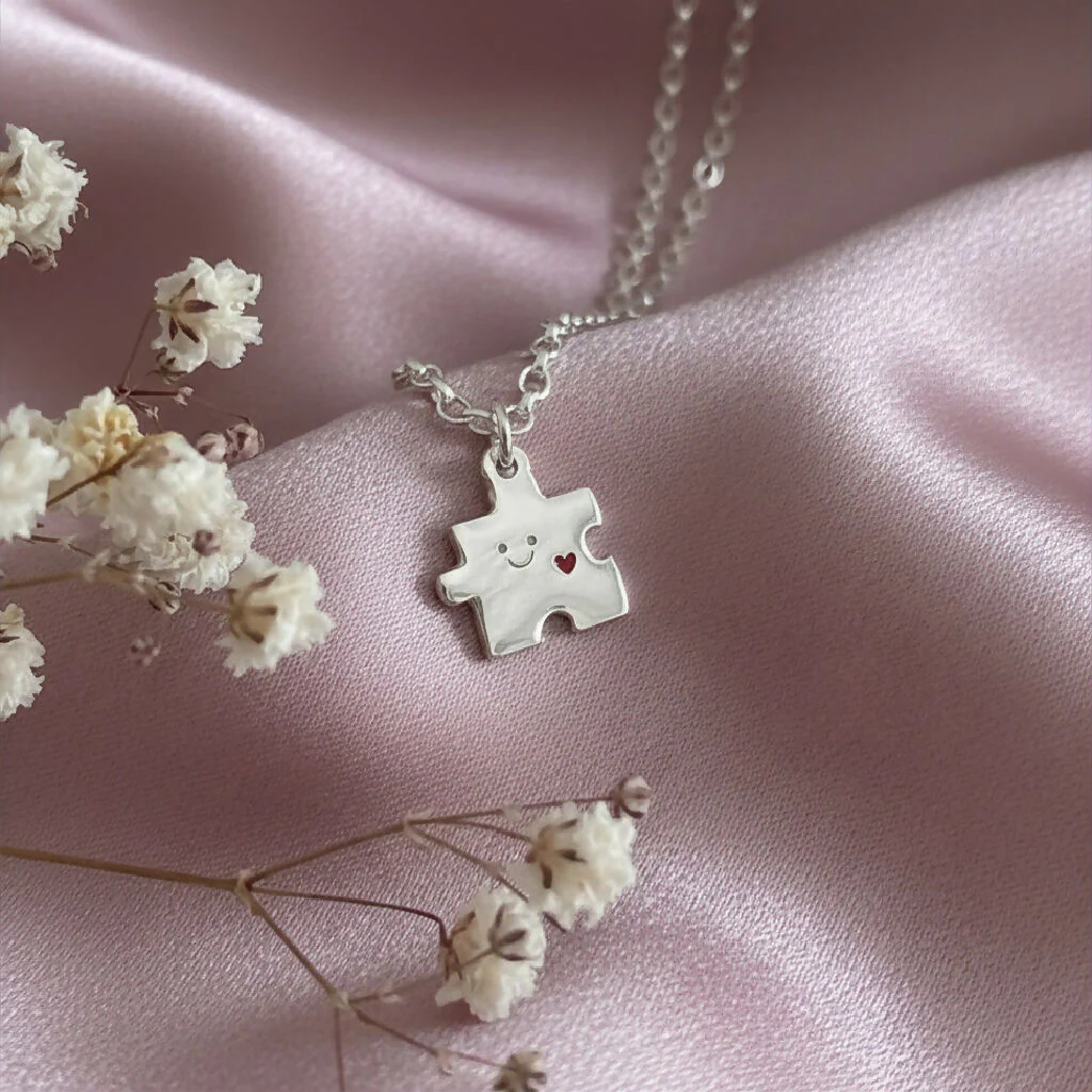 Sterling Silver Puzzle Charm Necklace with Red Heart - Image 2
