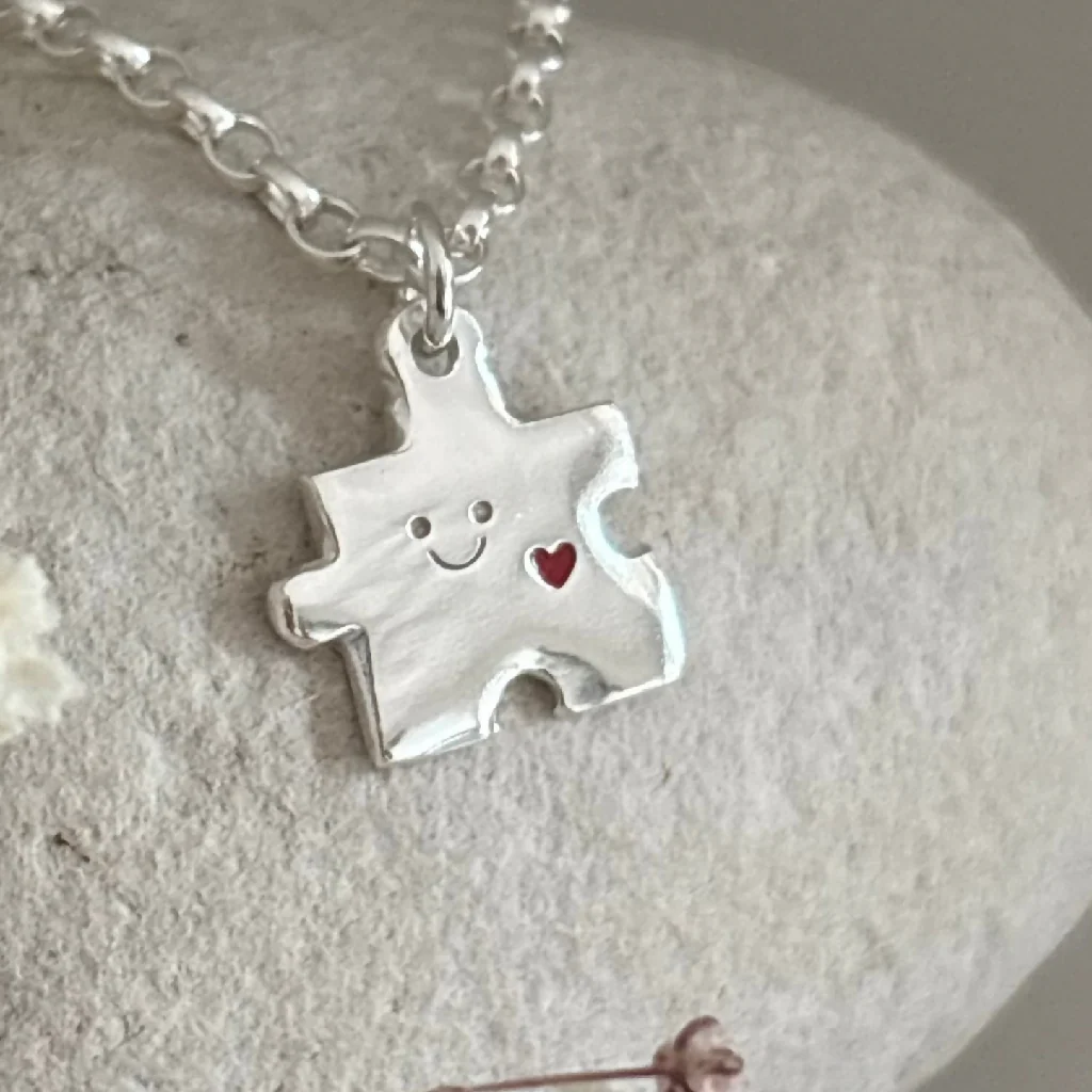 Sterling Silver Puzzle Charm Necklace with Red Heart - Image 3