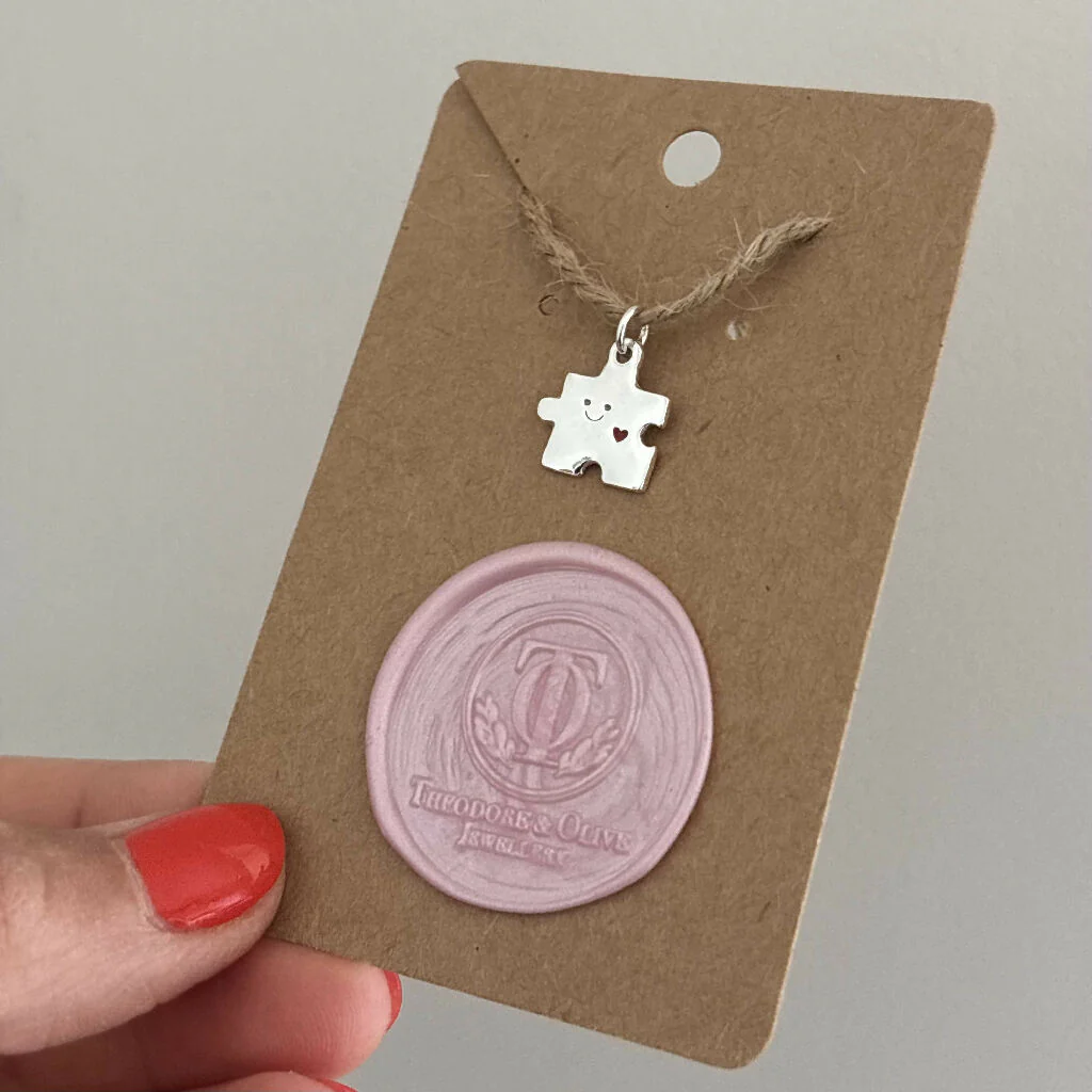 Sterling Silver Puzzle Charm Necklace with Red Heart - Image 4