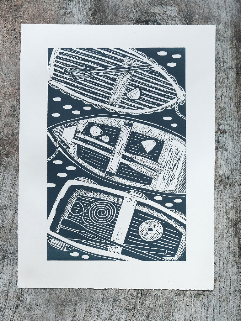 Three Boats, Coverack Lino Print - Image 2