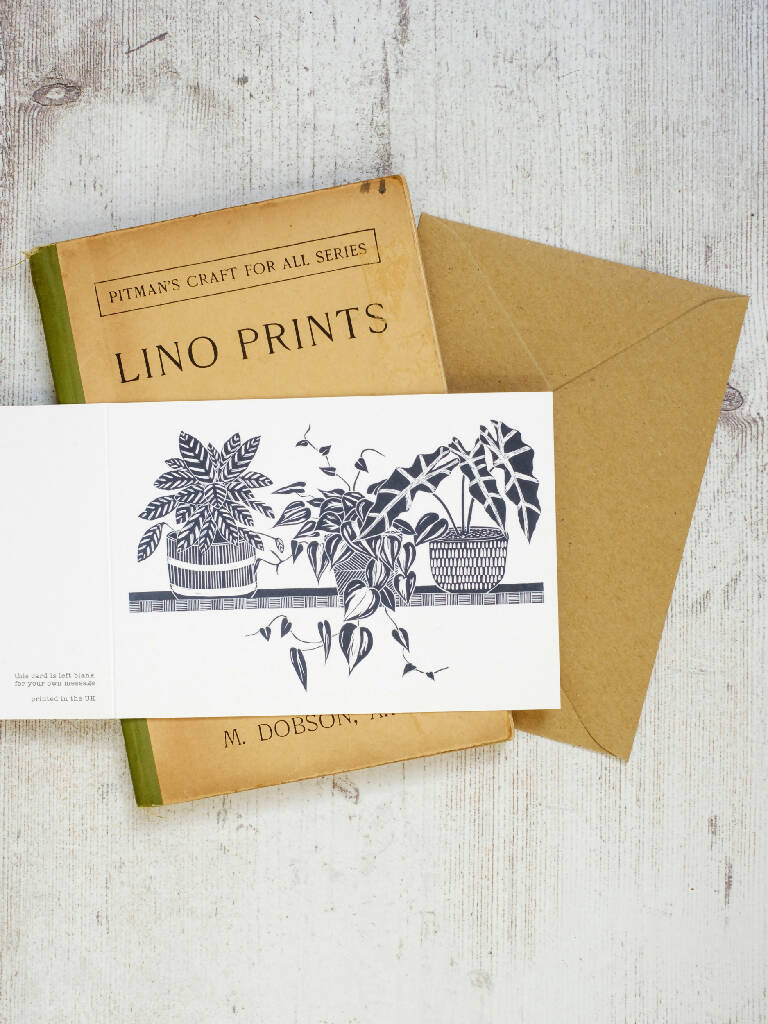 Three House Plants on a Shelf A6 Lino Print Greeting Card - Image 3