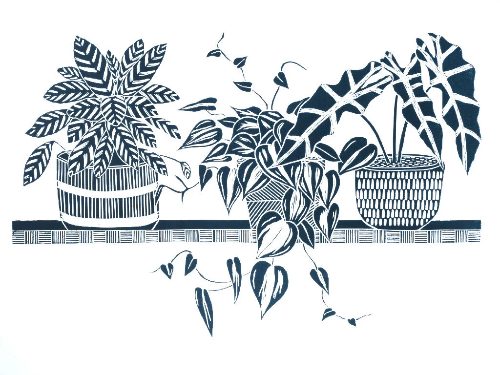Three House Plants on a Shelf Lino Print - Lugger Blue - Image 2