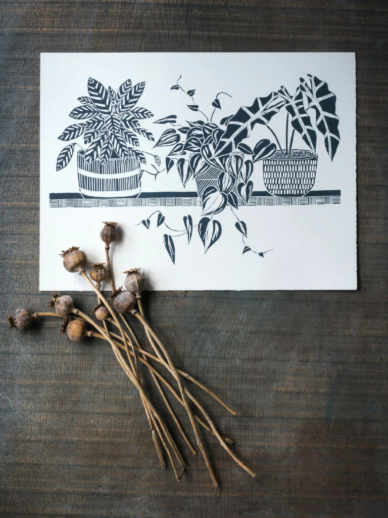 Three House Plants on a Shelf Lino Print - Lugger Blue - Image 3
