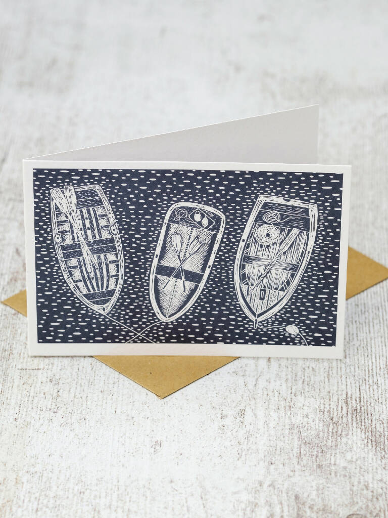 Three Rowing Boats A6 Lino Print Greeting Card