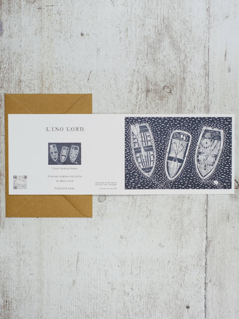 Three Rowing Boats A6 Lino Print Greeting Card - Image 2