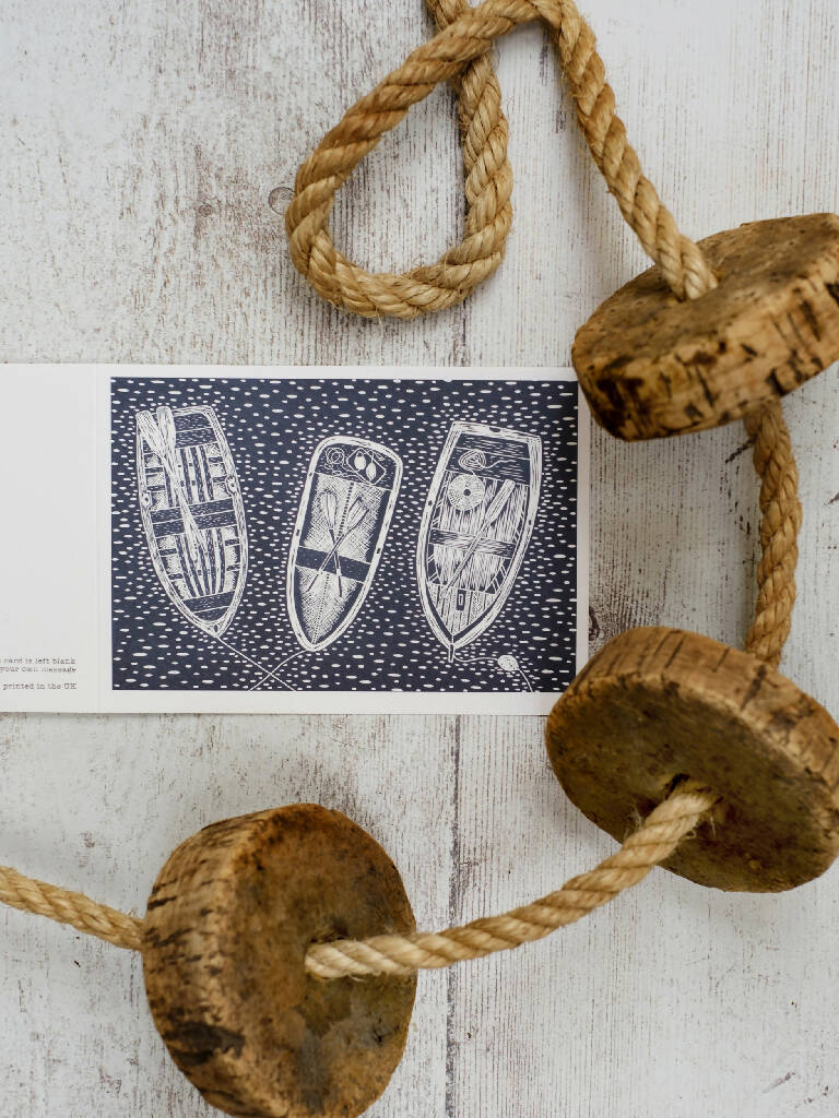 Three Rowing Boats A6 Lino Print Greeting Card - Image 3