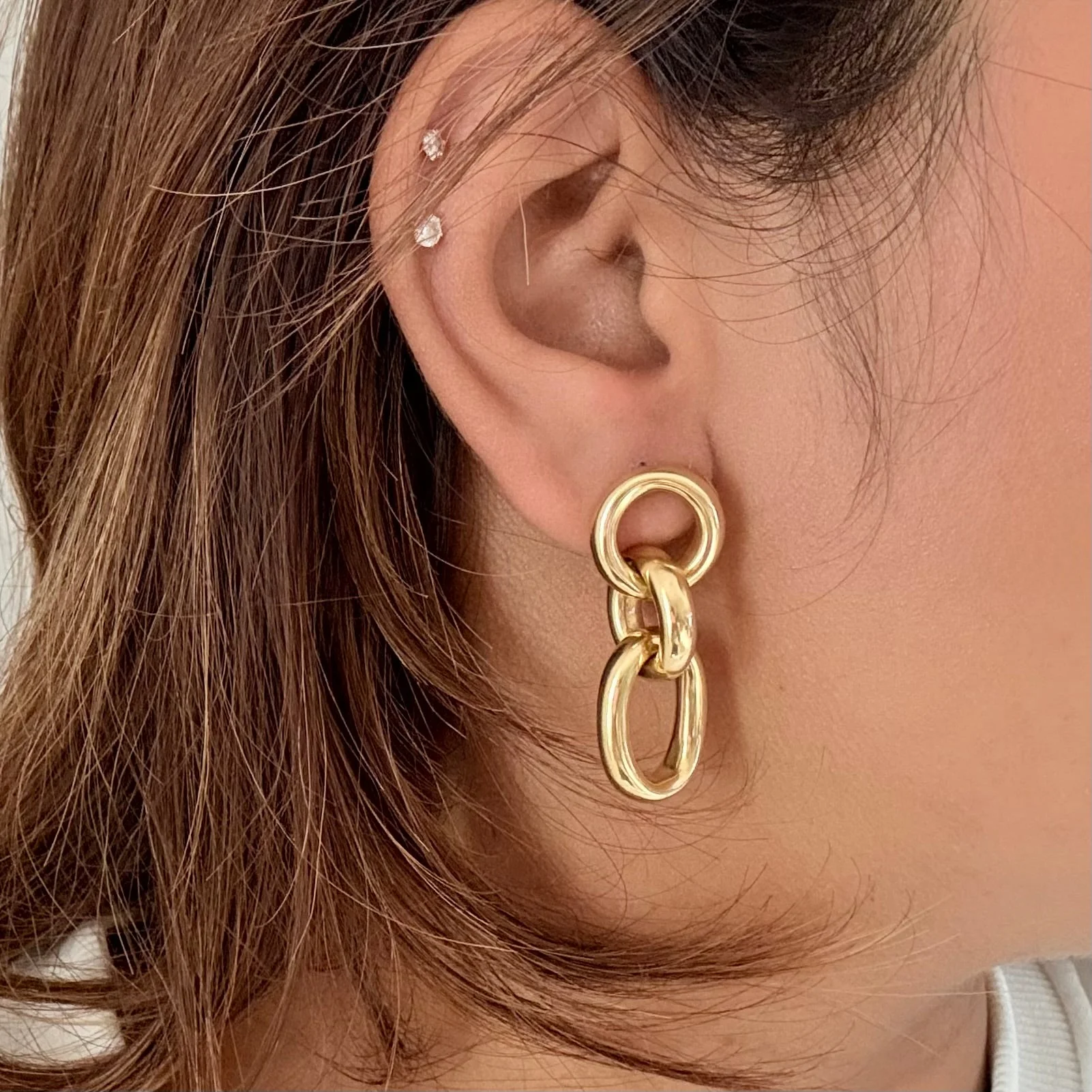 Three Small Interlinked Gold Plated Sterling Silver Oval Hoop Earrings - Image 3