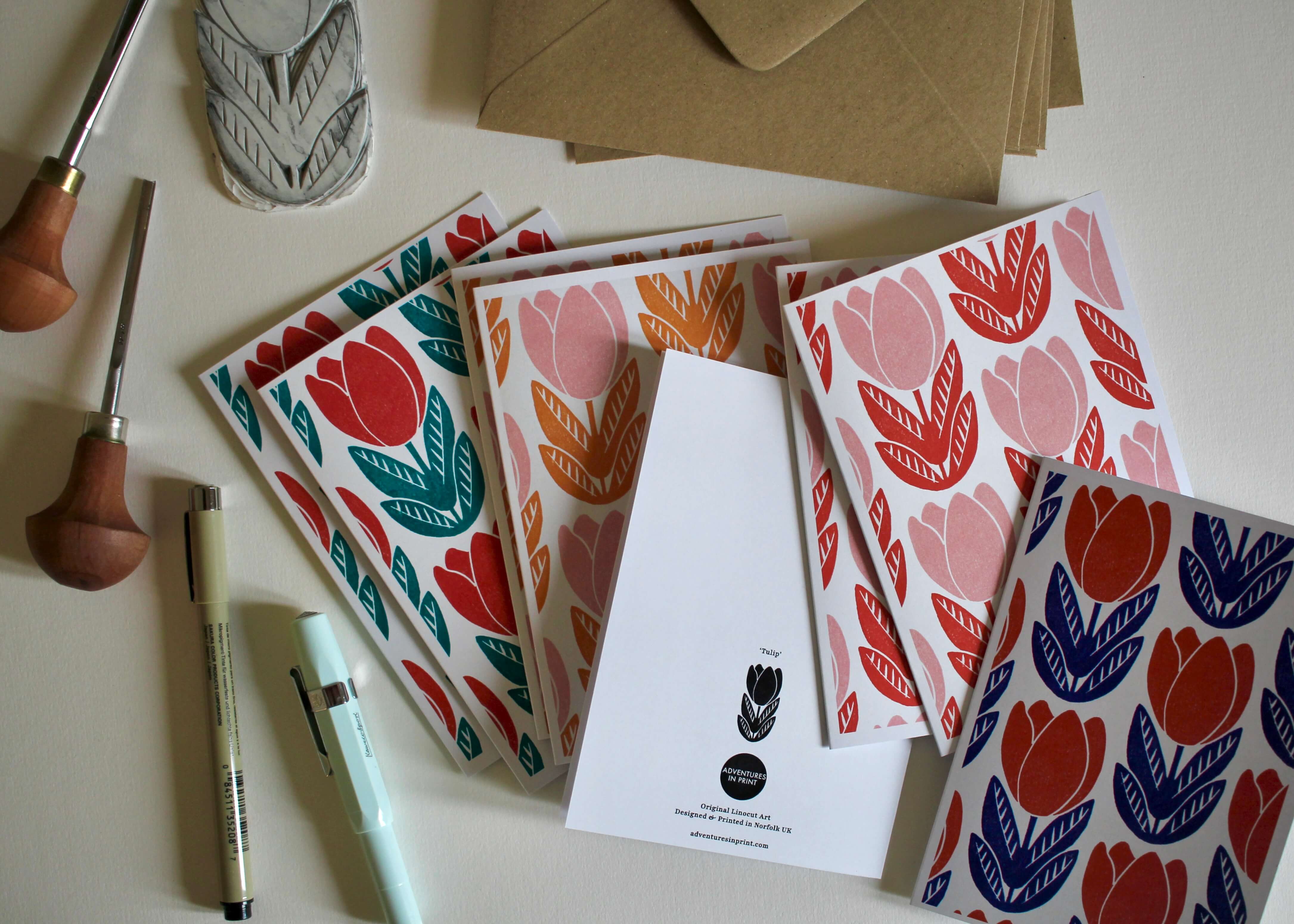 Tulip Block Print Pattern Cards | Set of 8 Notecards & Envelopes - Image 2