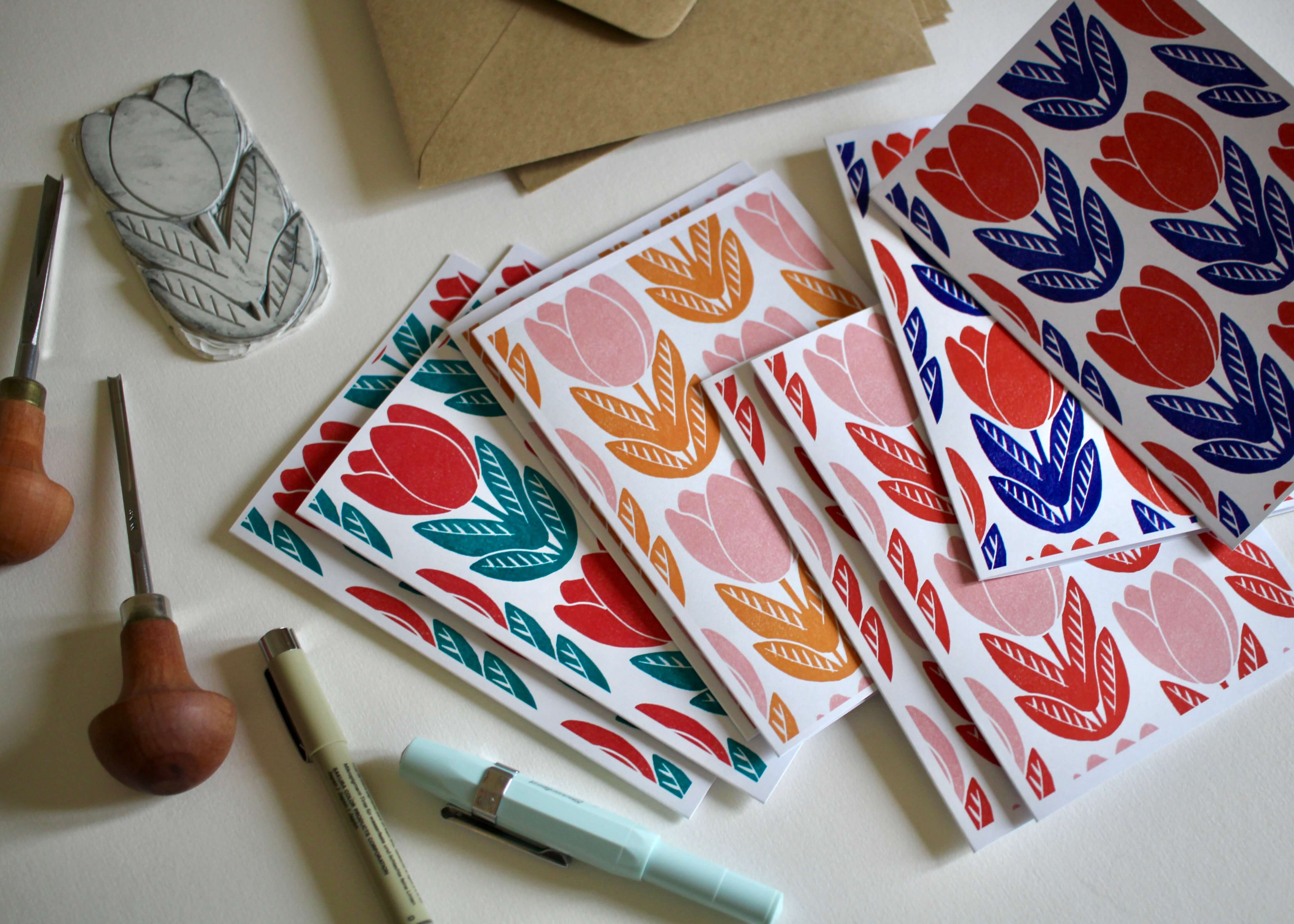 Tulip Block Print Pattern Cards | Set of 8 Notecards & Envelopes - Image 3