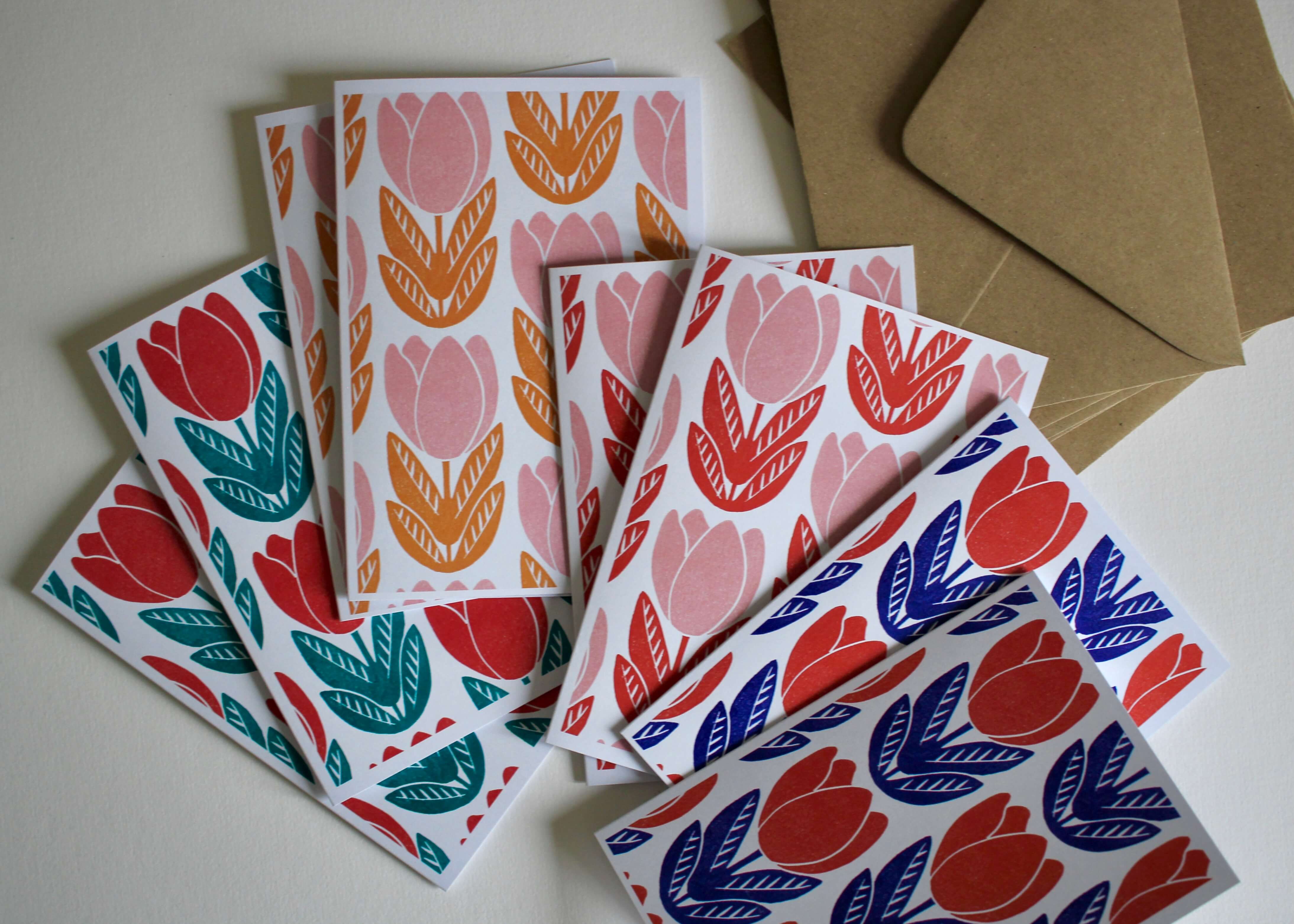 Tulip Block Print Pattern Cards | Set of 8 Notecards & Envelopes - Image 4