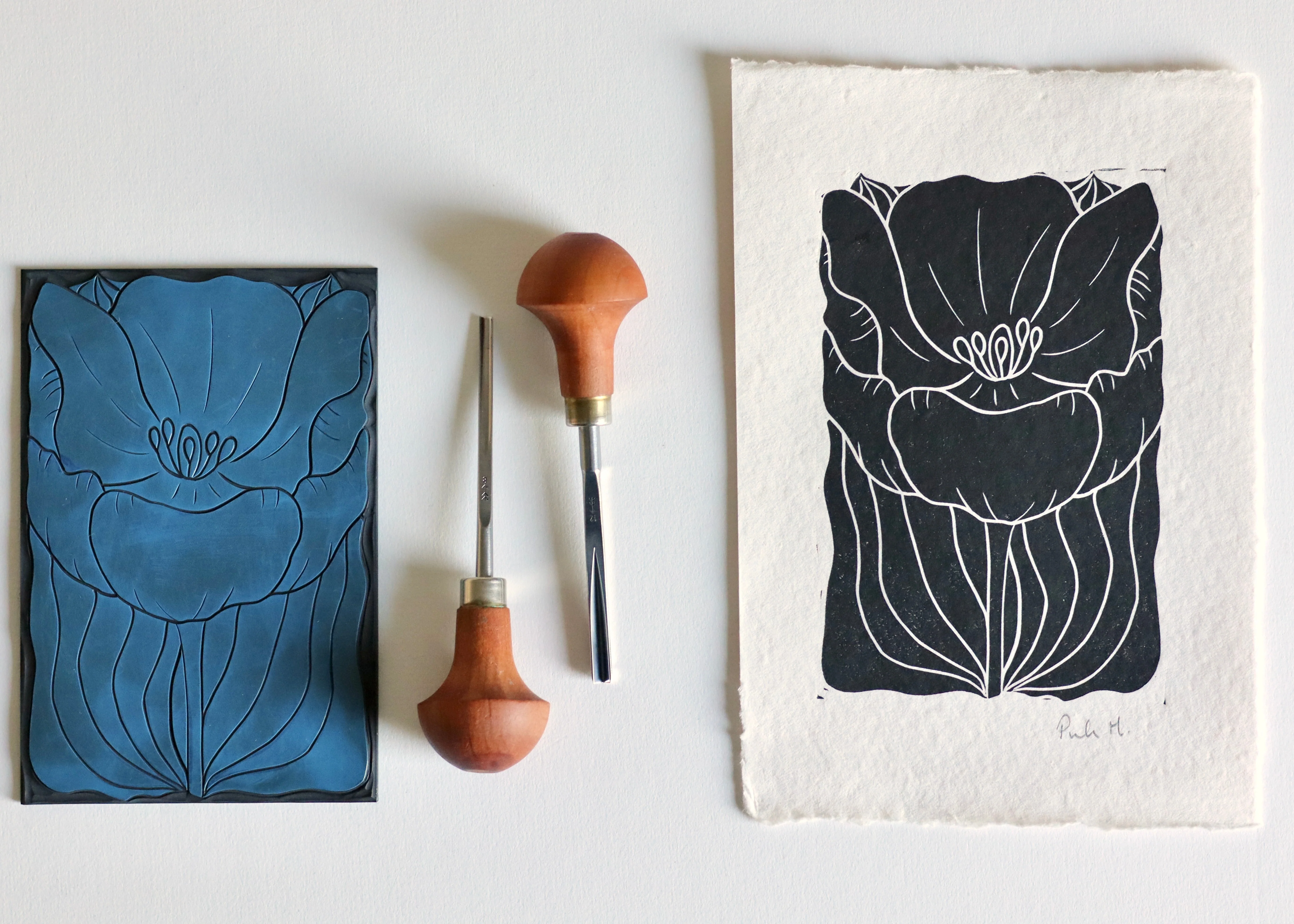 Tulip in Bloom Linocut Print | Handprinted A5 Art Print on Cotton Rag Paper - Image 2
