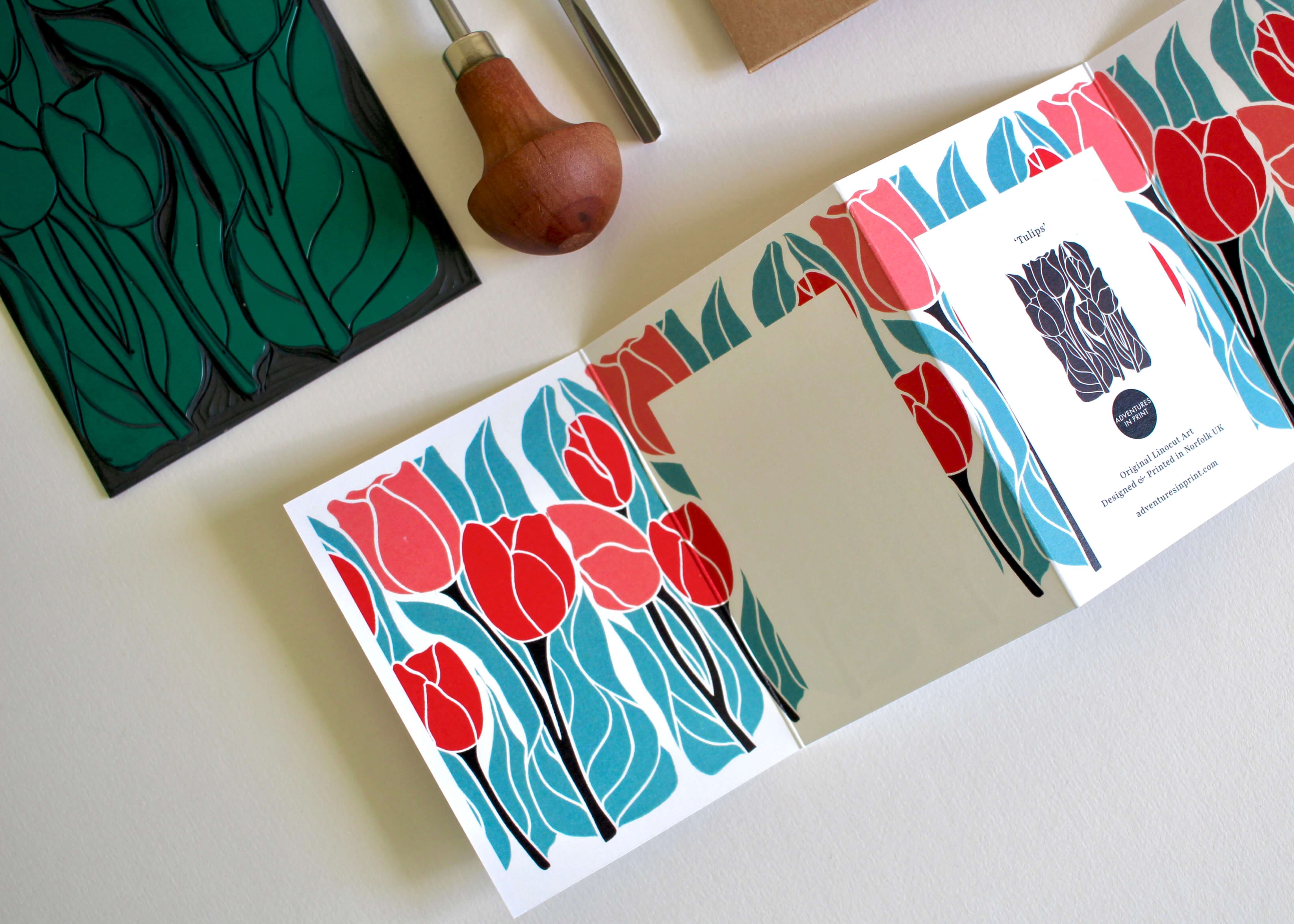 Tulips Linocut Concertina Card | Single Card & Envelope - Image 3