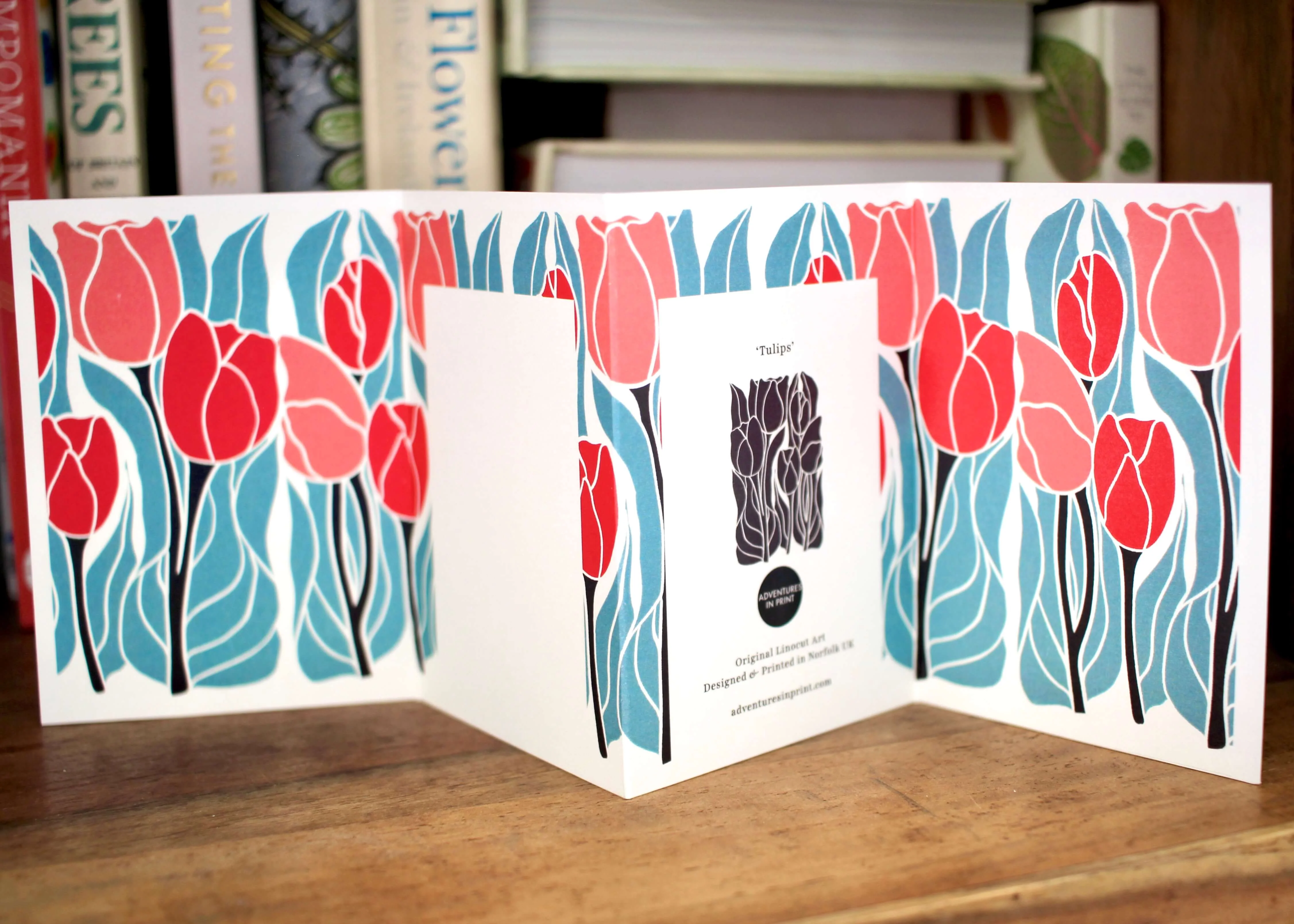 Tulips Linocut Concertina Card | Single Card & Envelope - Image 5