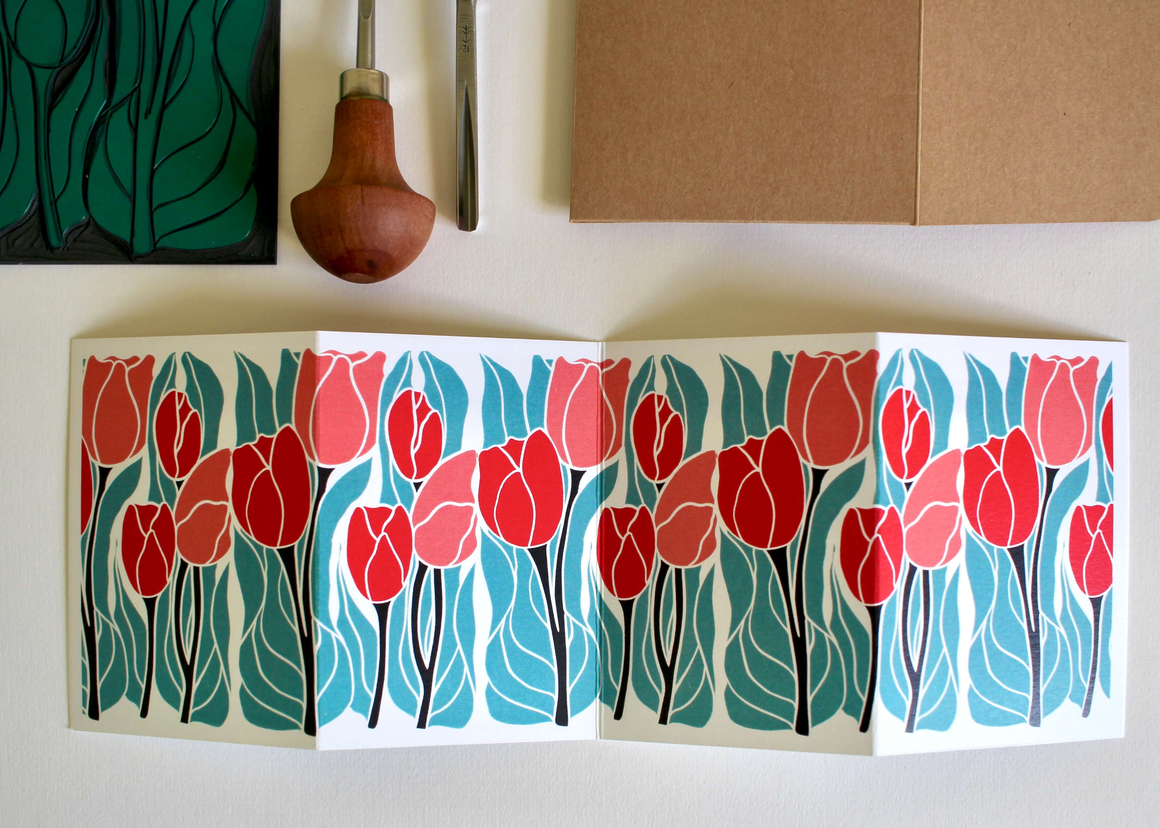 Tulips Linocut Concertina Card | Single Card & Envelope - Image 6