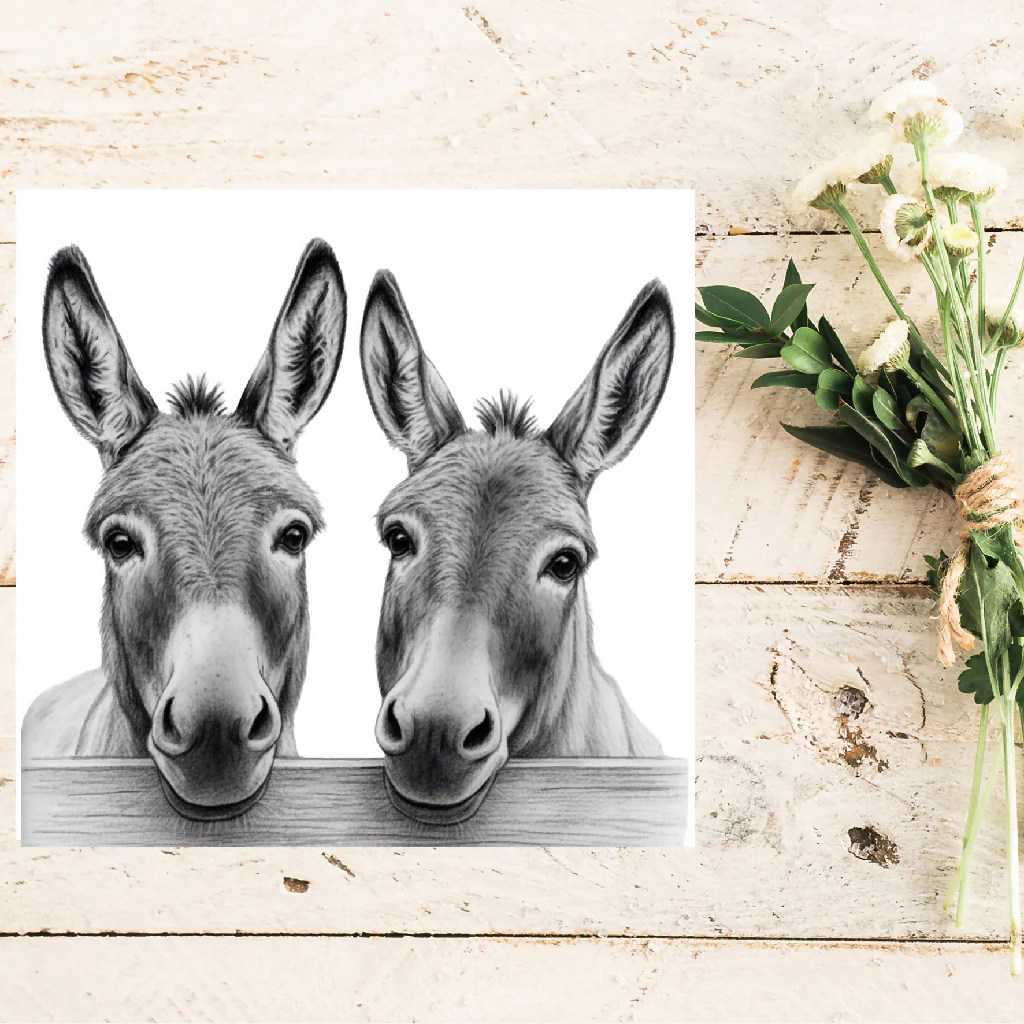 Two Donkeys Hand Drawn Card – Cute Countryside Farm Animal Illustration Greeting Card