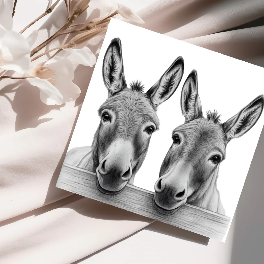 Two Donkeys Hand Drawn Card – Cute Countryside Farm Animal Illustration Greeting Card - Image 3