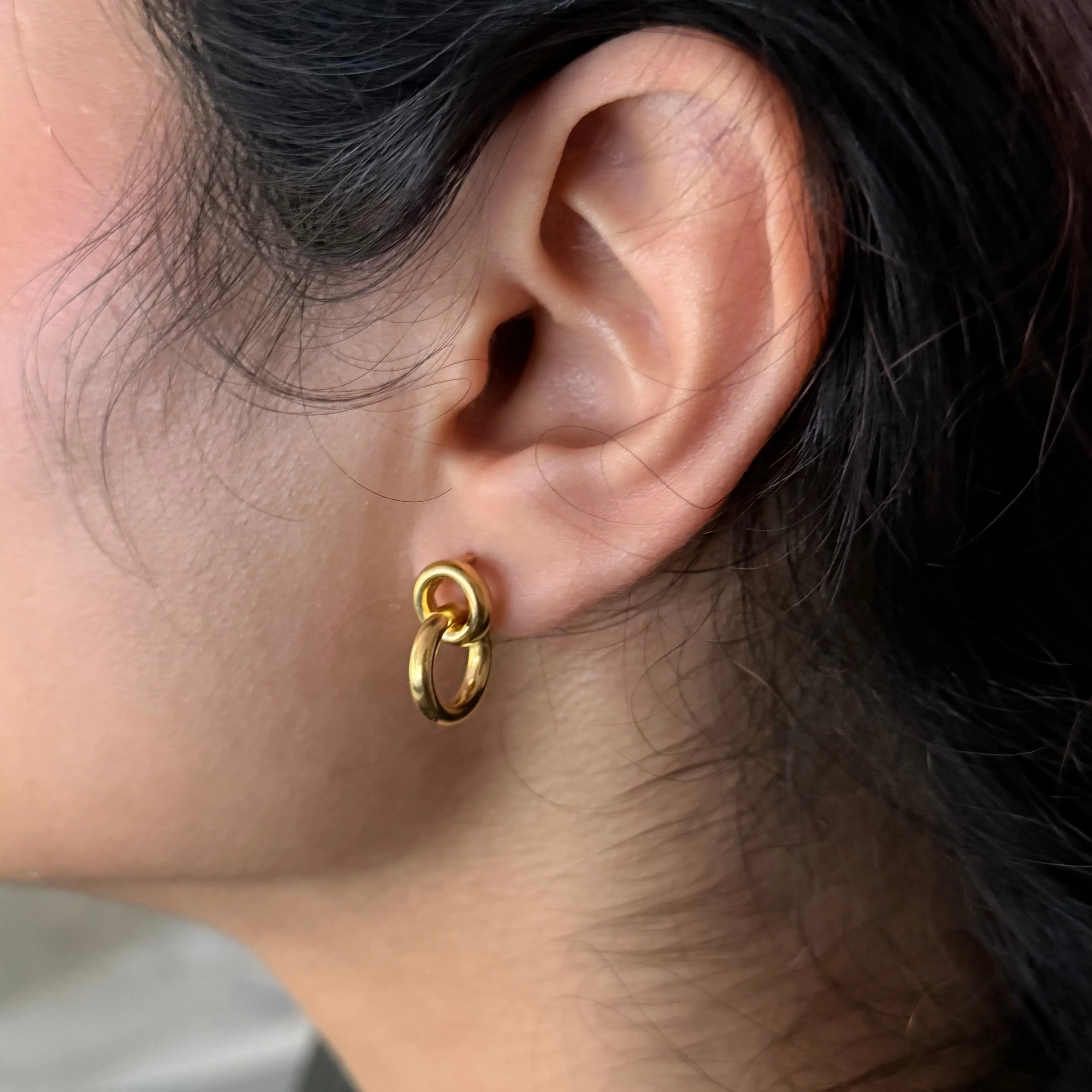 Two Small Interlinked Hoop 18k Gold Plated Sterling Silver Stud Earrings