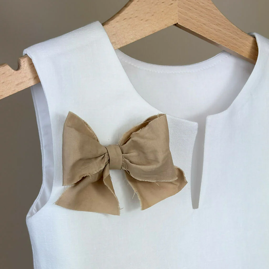 V-neck Girls Top in White with Beige Ribbon Finish - Image 2
