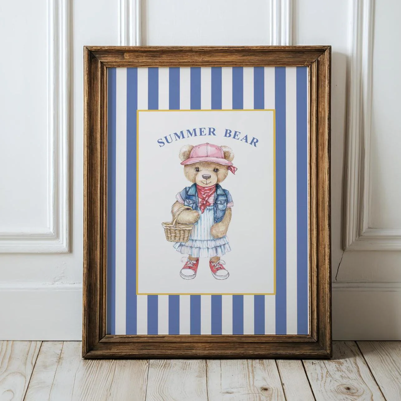 Vintage Bear Girl Striped Wall Art