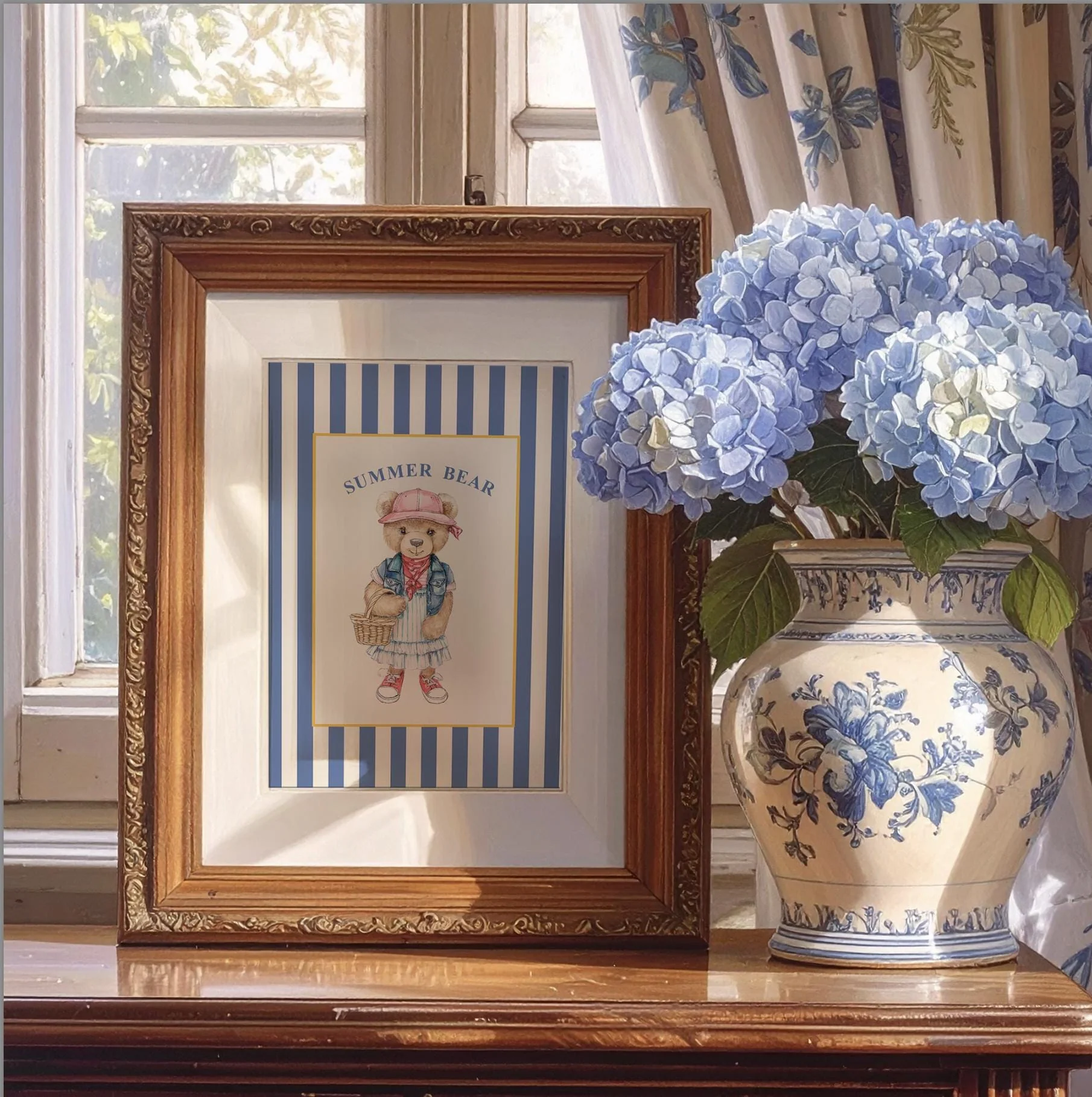 Vintage Bear Girl Striped Wall Art - Image 2