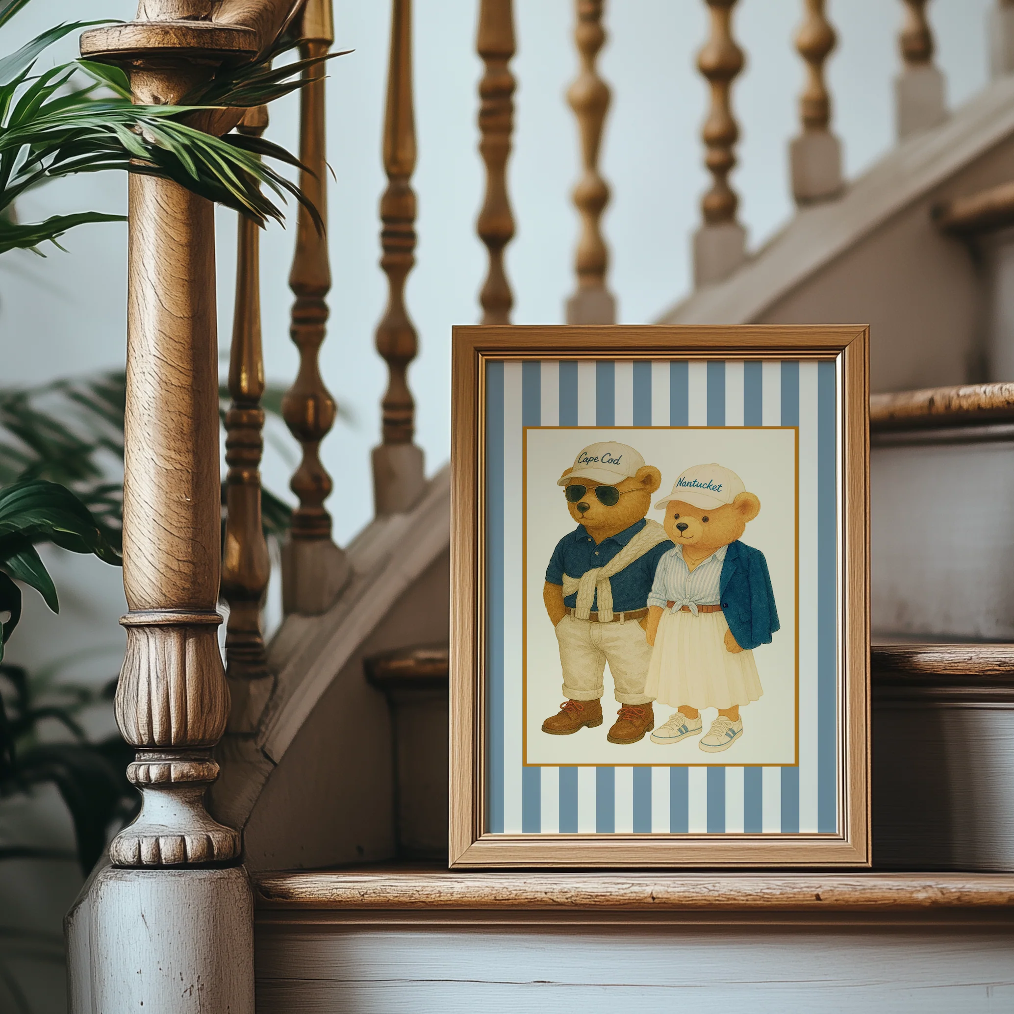 Vintage Cape Cod and Nantucket Bear Print, Coastal Striped Artwork in Denim Blue - Image 2