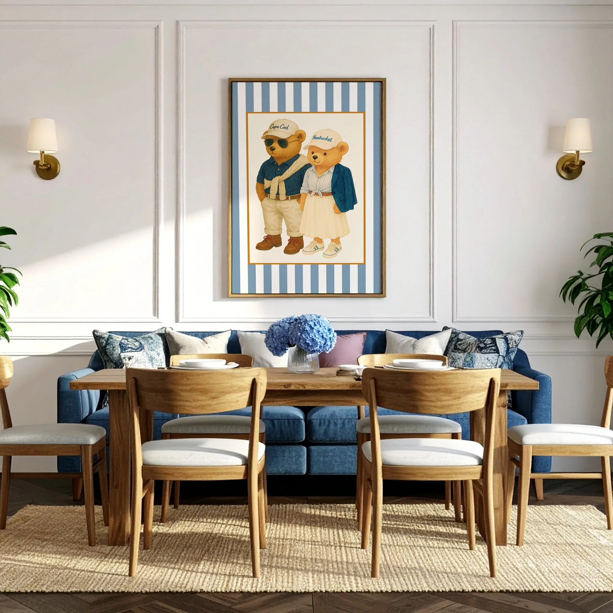 Vintage Cape Cod and Nantucket Bear Print, Coastal Striped Artwork in Denim Blue - Image 3