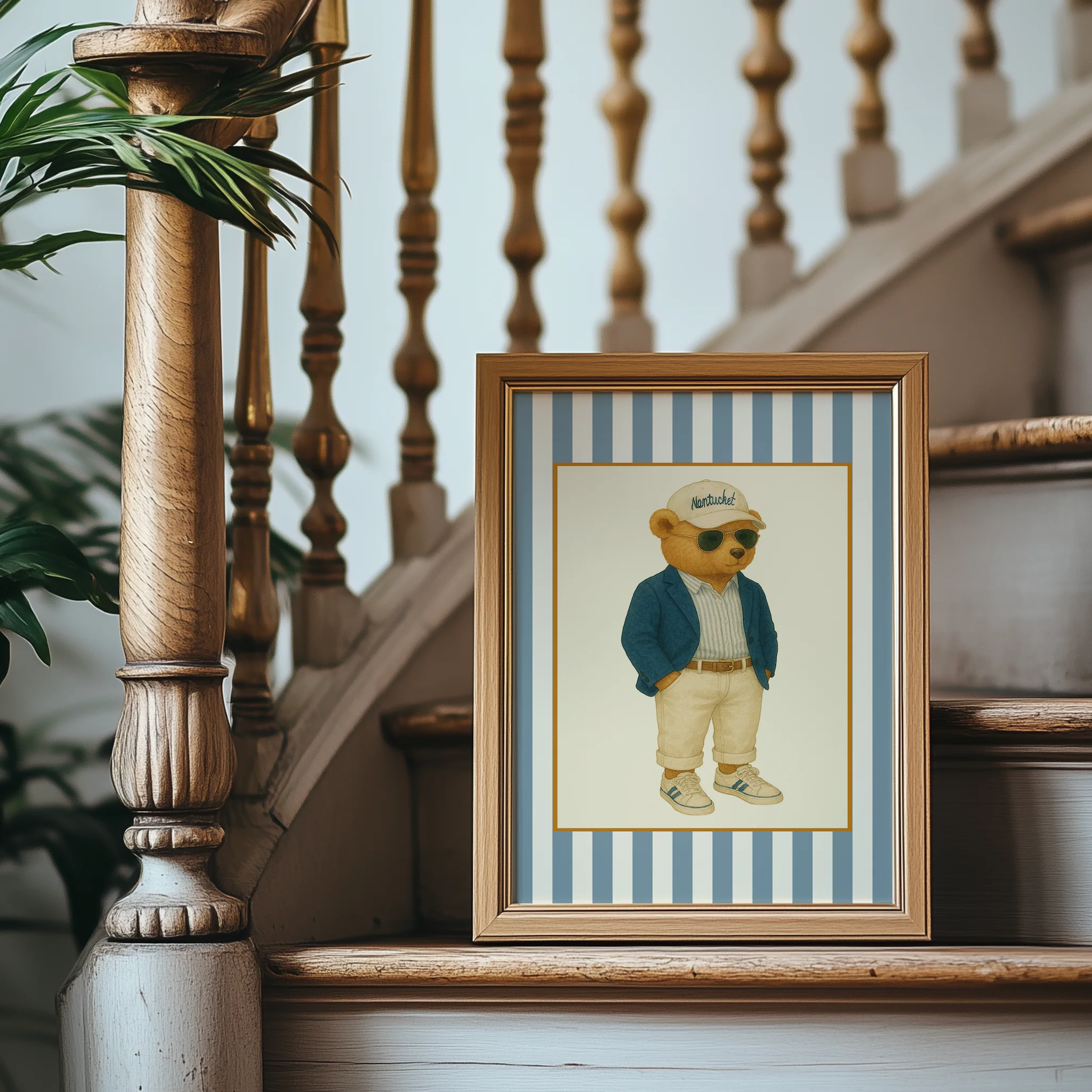 Vintage Nantucket Bear Print, Coastal Striped Artwork in Denim Blue - Image 3