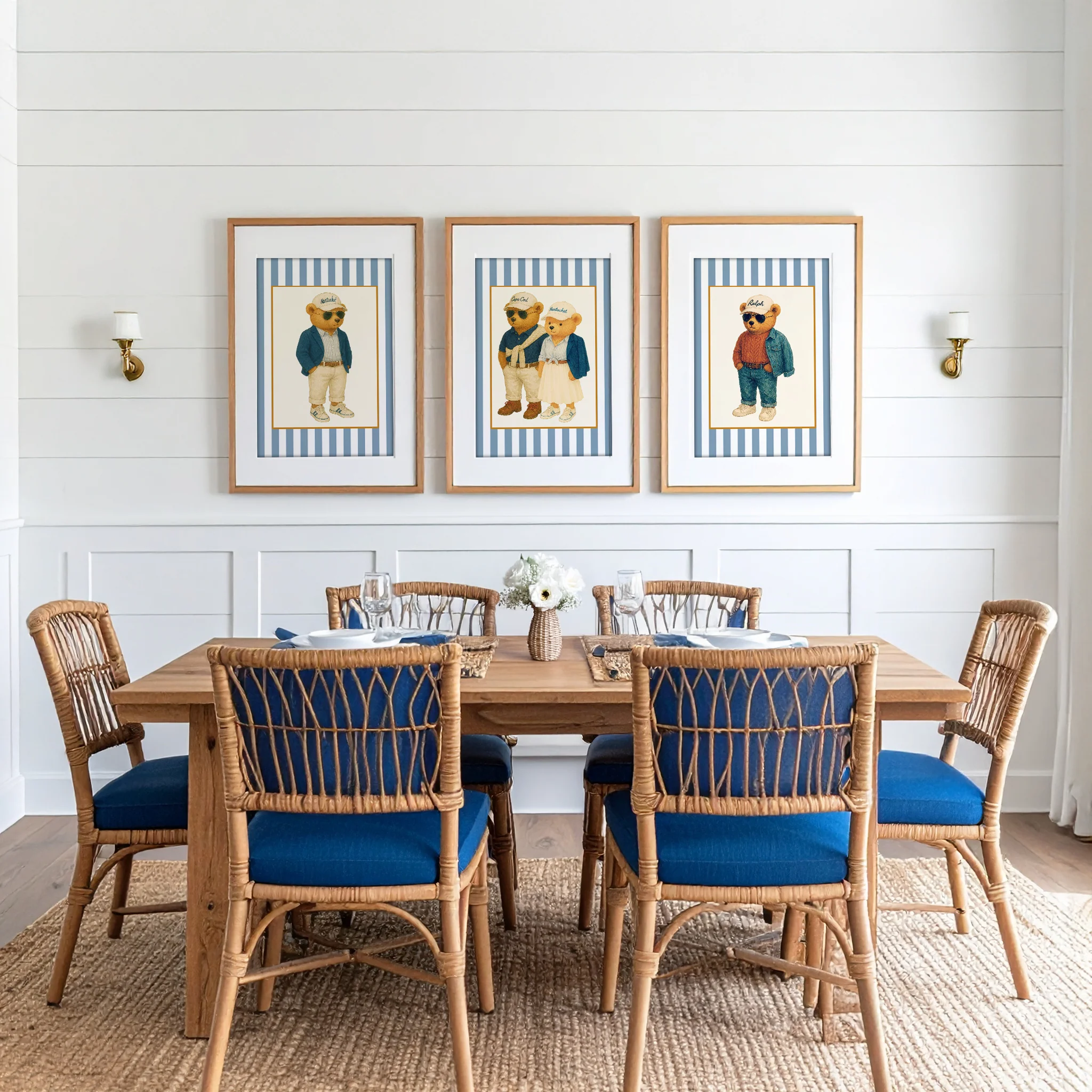 Vintage Nantucket Bear Print, Coastal Striped Artwork in Denim Blue - Image 4