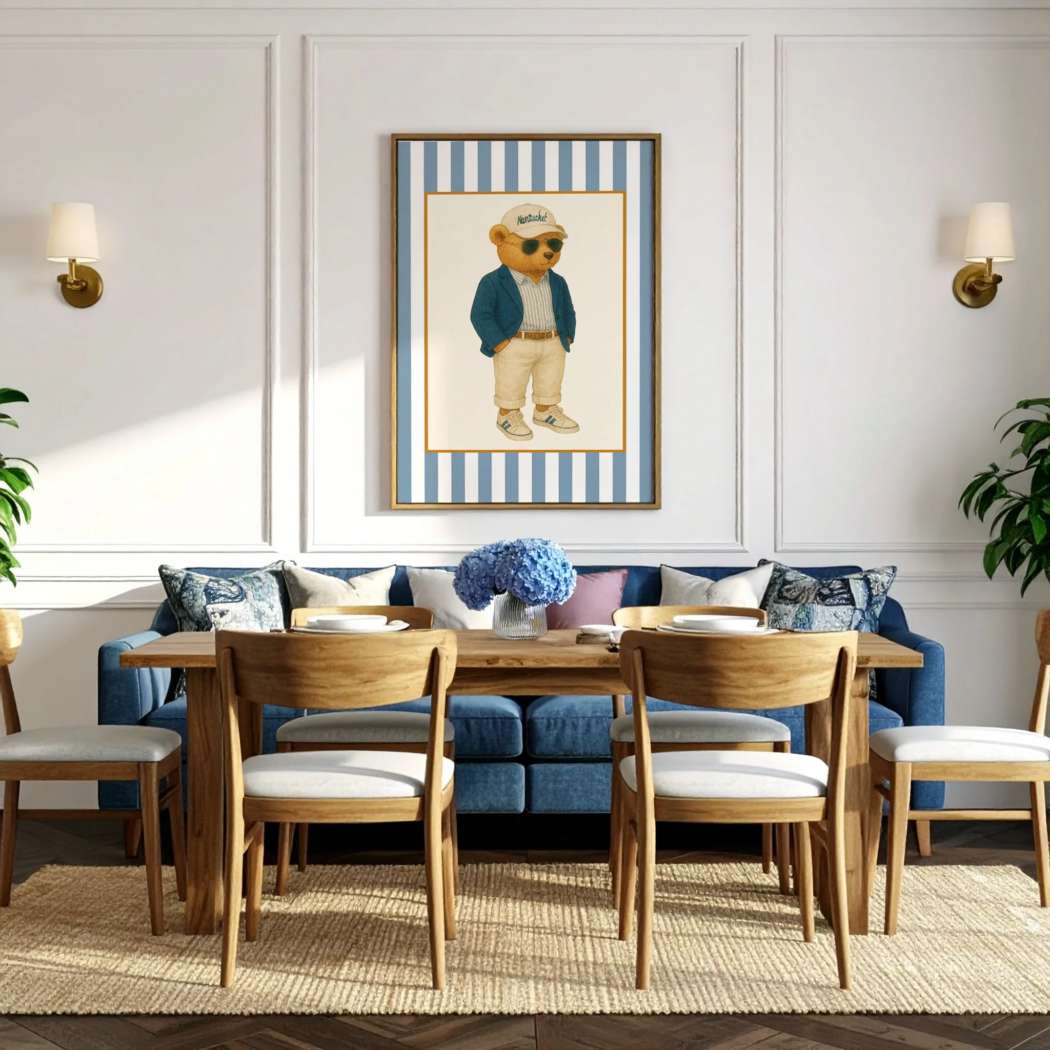 Vintage Nantucket Bear Print, Coastal Striped Artwork in Denim Blue - Image 5