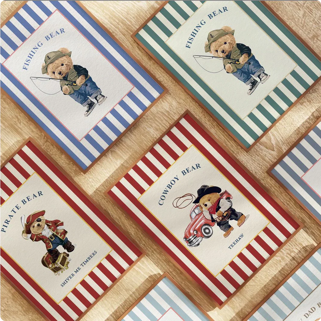 Vintage Nantucket Bear Print, Coastal Striped Artwork in Denim Blue - Image 7