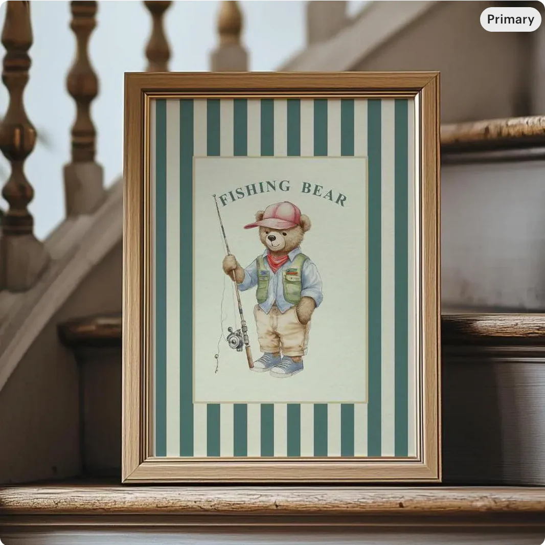 Vintage Striped Bear Artwork Fishermen Bear Print - Image 2
