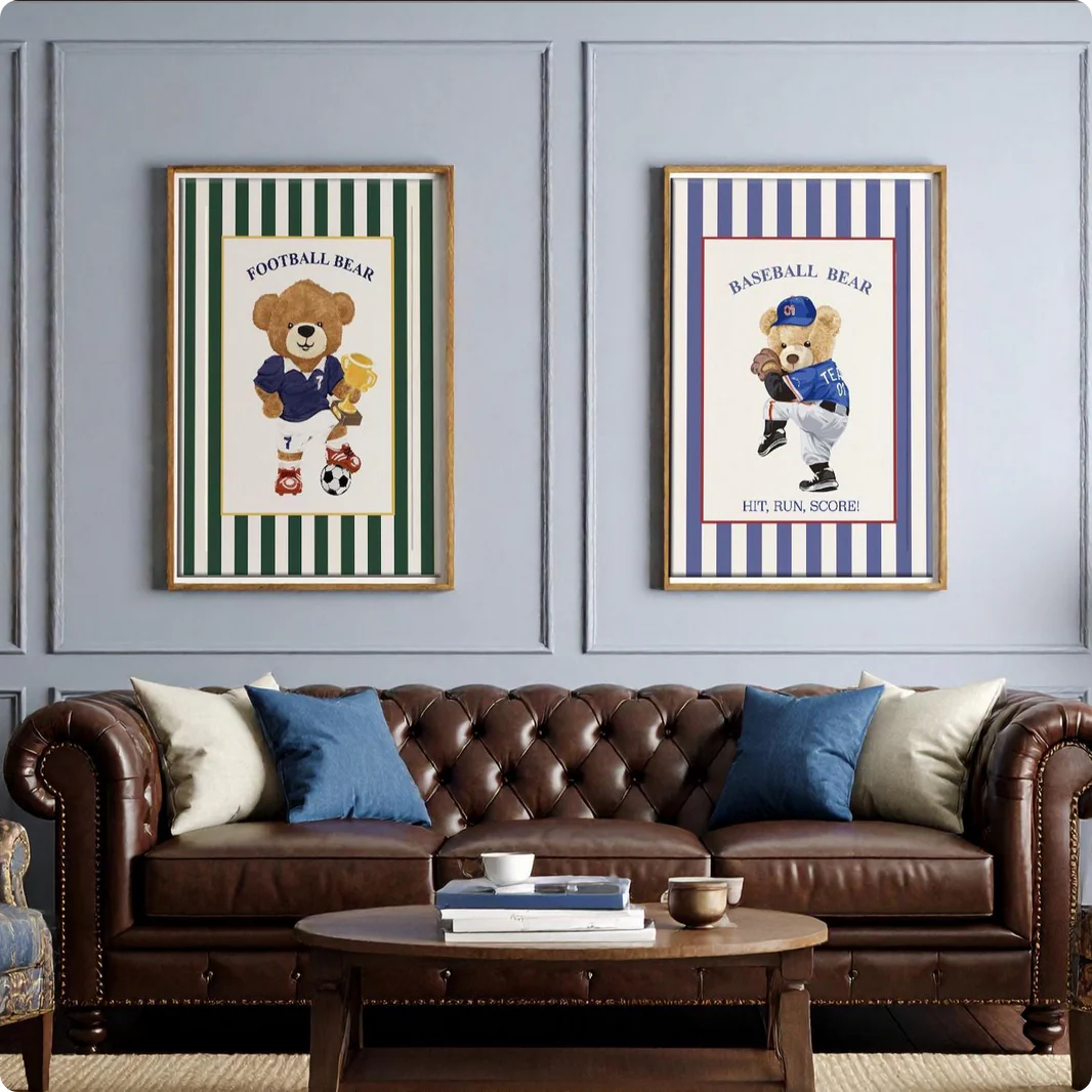 Vintage Striped Bear Print Football Soccer Bear Artwork - Image 3