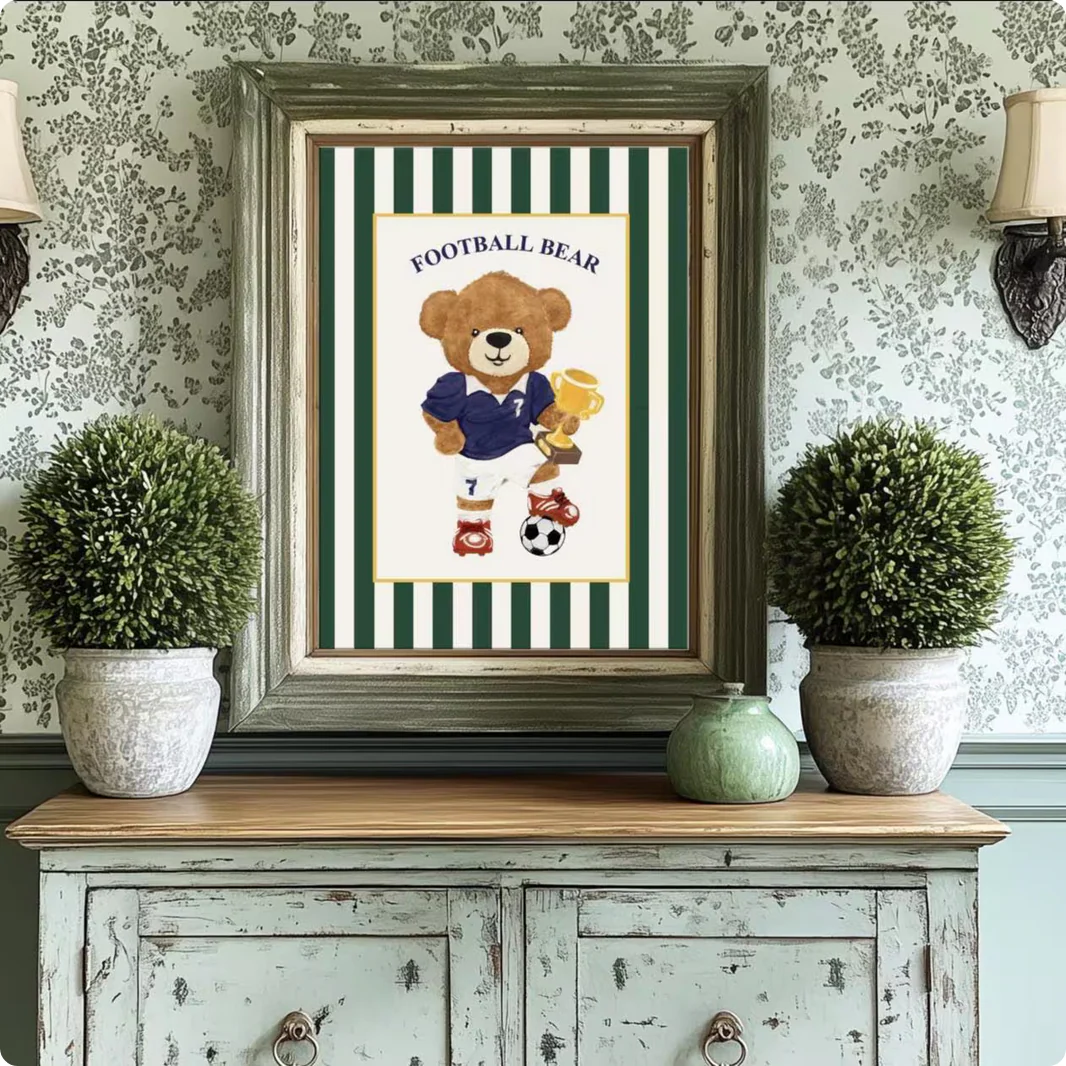 Vintage Striped Bear Print Football Soccer Bear Artwork - Image 6