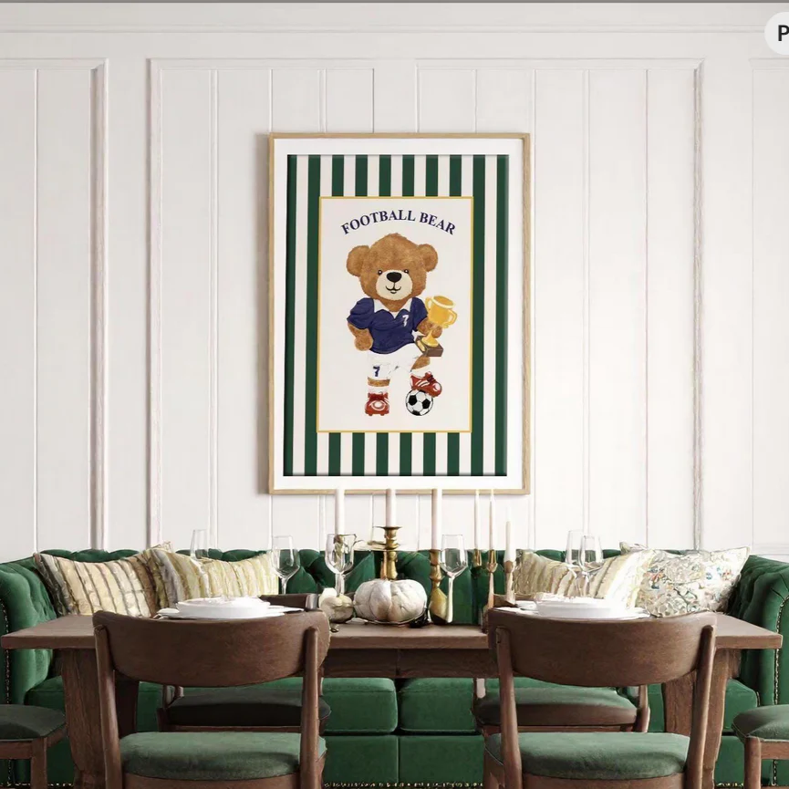 Vintage Striped Bear Print Football Soccer Bear Artwork - Image 2