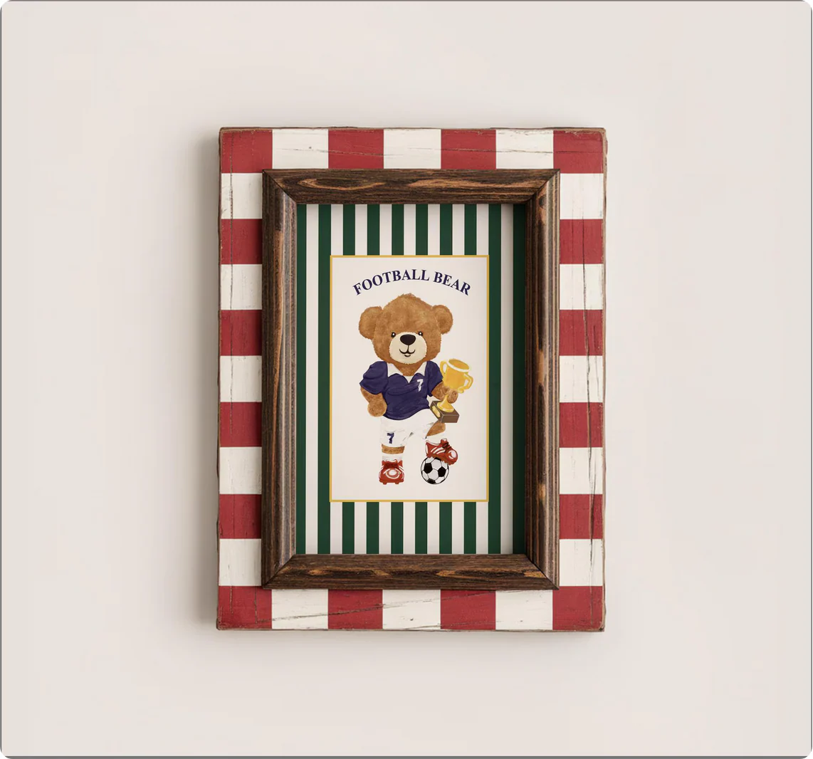Vintage Striped Bear Print Football Soccer Bear Artwork - Image 4