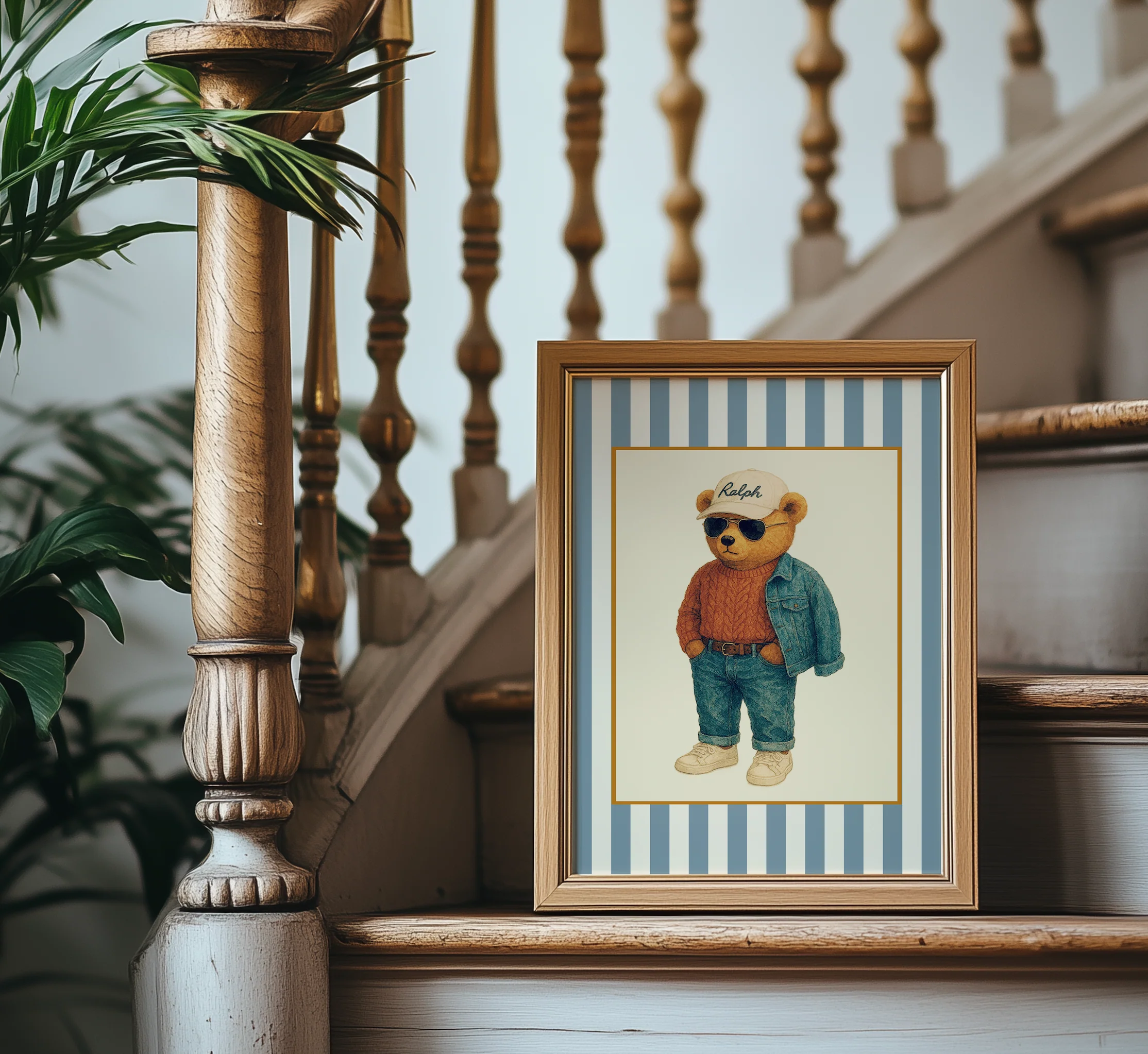 Vintage Striped Preppy Bear Print, Coastal Cape Cod Illustration, Hamptons Artwork - Image 3