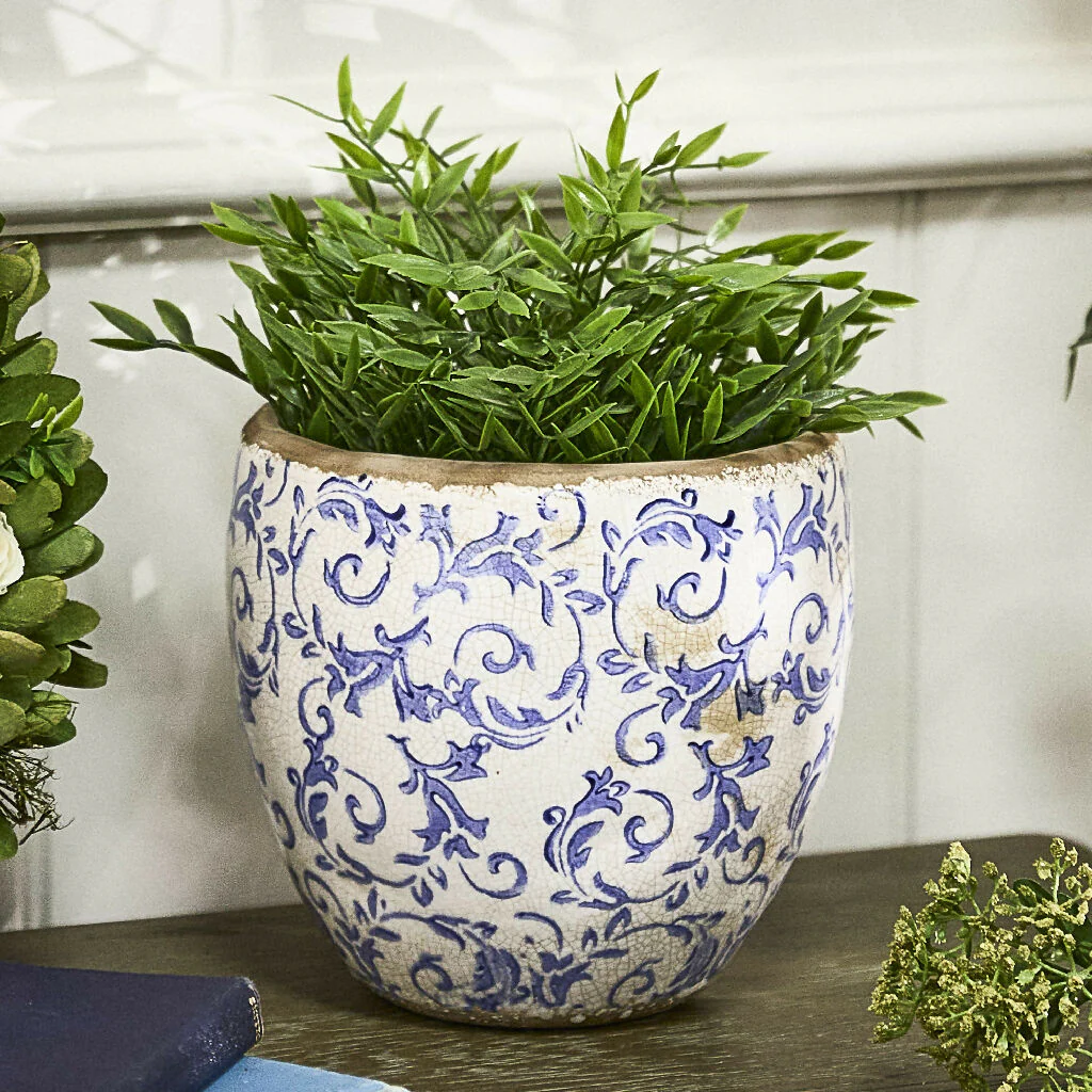 Vintage Style Solene Blue Botanical Indoor Outdoor Garden Planter