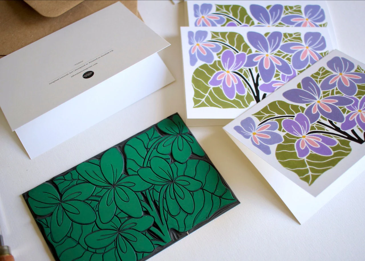 Violet Flower Linocut Art Notecards - Set of 8 | Thank You Cards & Envelopes - Image 2