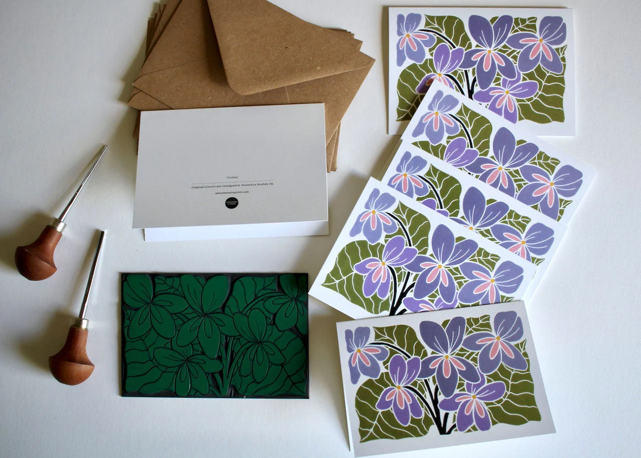 Violet Flower Linocut Art Notecards - Set of 8 | Thank You Cards & Envelopes - Image 3