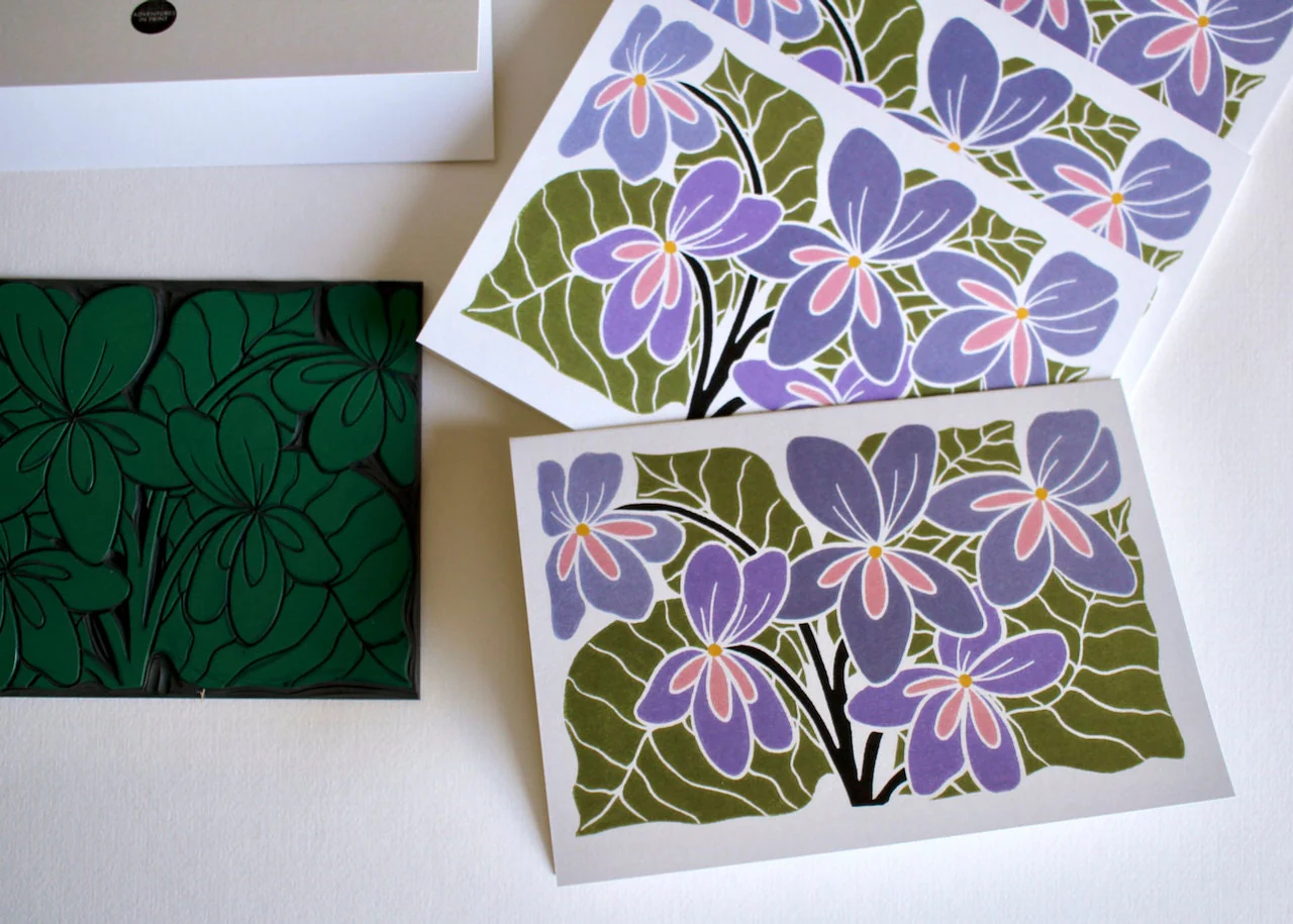 Violet Flower Linocut Art Notecards - Set of 8 | Thank You Cards & Envelopes - Image 4